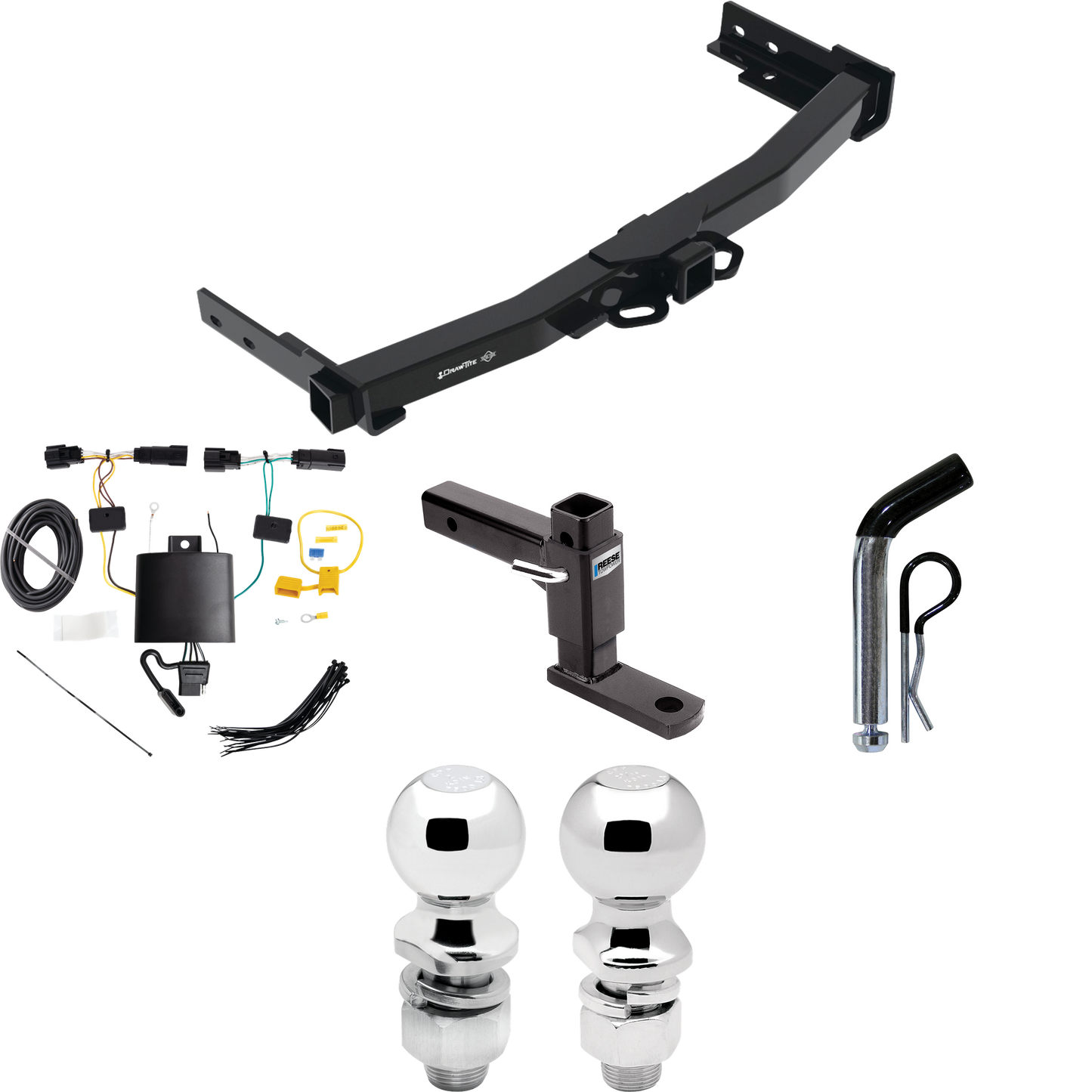 Fits 2022-2023 Jeep Grand Cherokee Trailer Hitch Tow PKG w/ 4-Flat Wiring + Adjustable Drop Rise Ball Mount + Pin/Clip + 2" Ball + 2-5/16" Ball By Draw-Tite