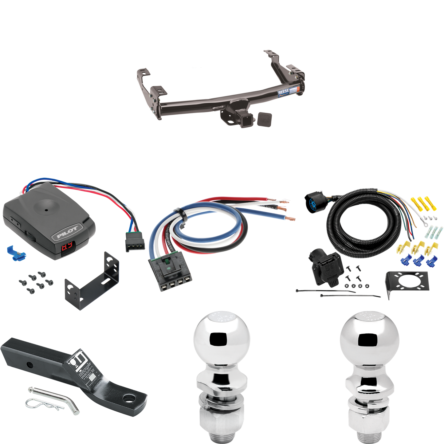 Fits 1992-2000 Chevrolet K2500 Trailer Hitch Tow PKG w/ Pro Series Pilot Brake Control + Generic BC Wiring Adapter + 7-Way RV Wiring + 2" & 2-5/16" Ball & Drop Mount (For 4 Dr. Crew Cab w/8 ft. Bed Models) By Reese Towpower