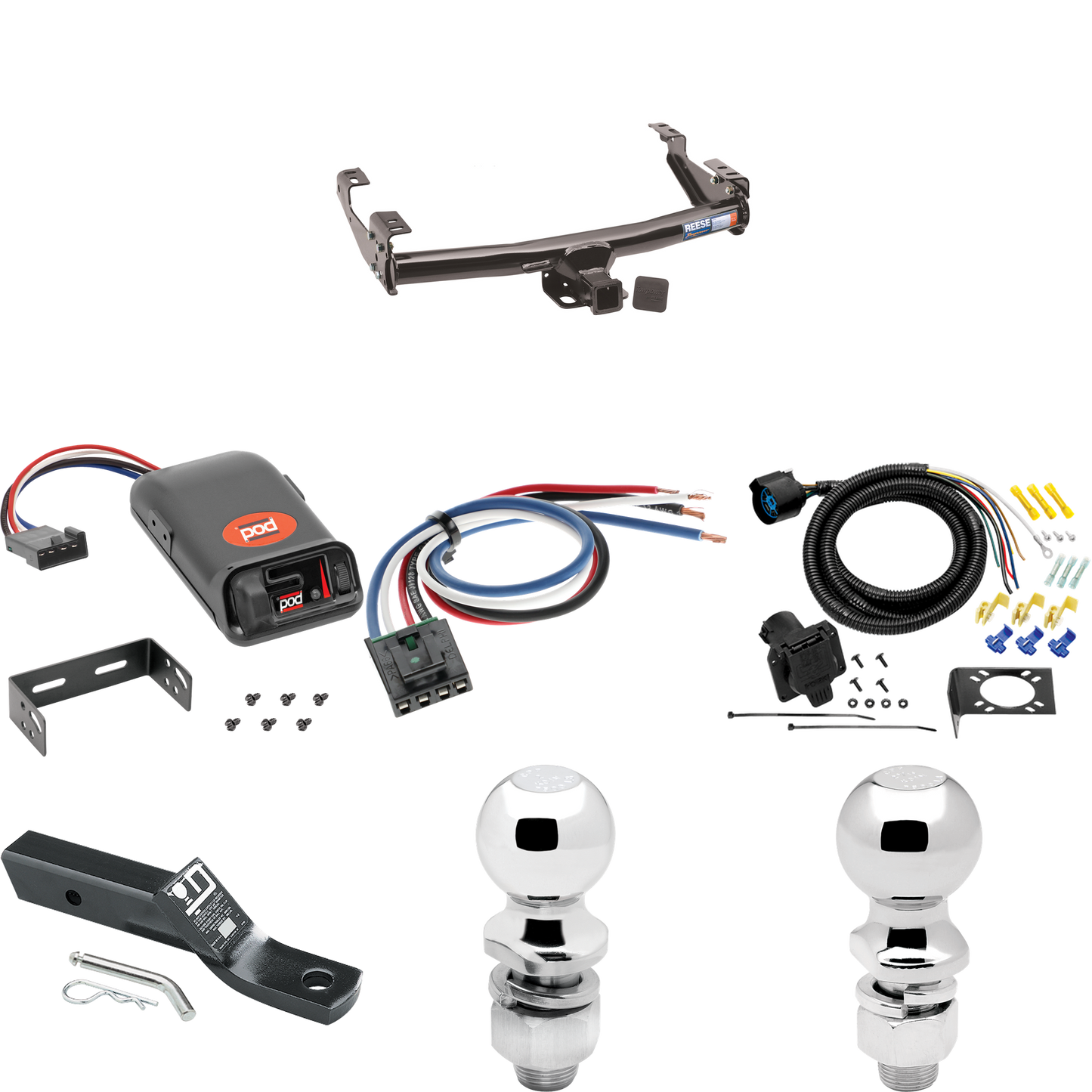 Fits 1980-1983 Ford F-100 Trailer Hitch Tow PKG w/ Pro Series POD Brake Control + Generic BC Wiring Adapter + 7-Way RV Wiring + 2" & 2-5/16" Ball & Drop Mount (Excludes: w/Custom Fascia Models) By Reese Towpower