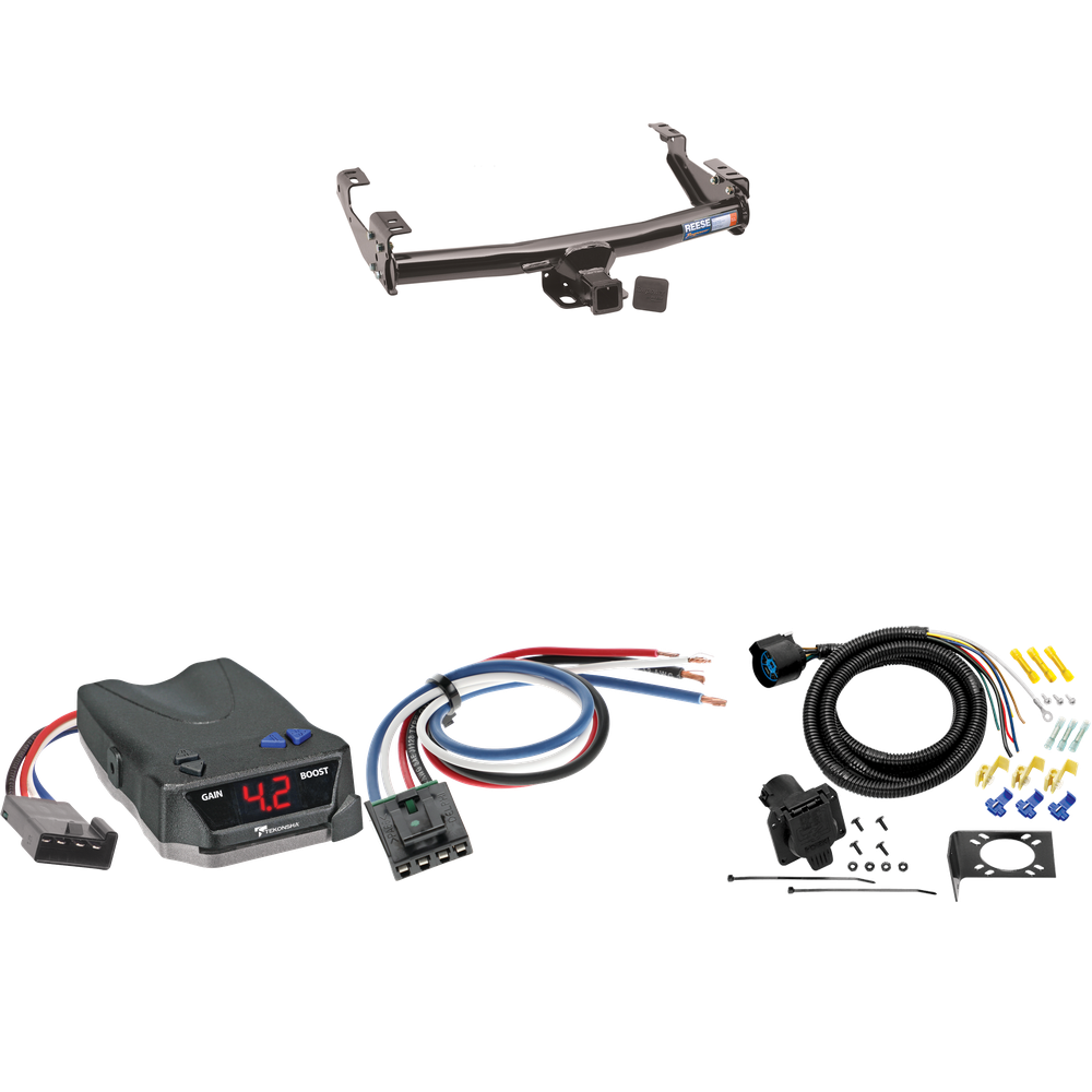 Fits 1992-1999 GMC K1500 Trailer Hitch Tow PKG w/ Tekonsha BRAKE-EVN Brake Control + Generic BC Wiring Adapter + 7-Way RV Wiring (For 4 Dr. Crew Cab w/8 ft. Bed Models) By Reese Towpower