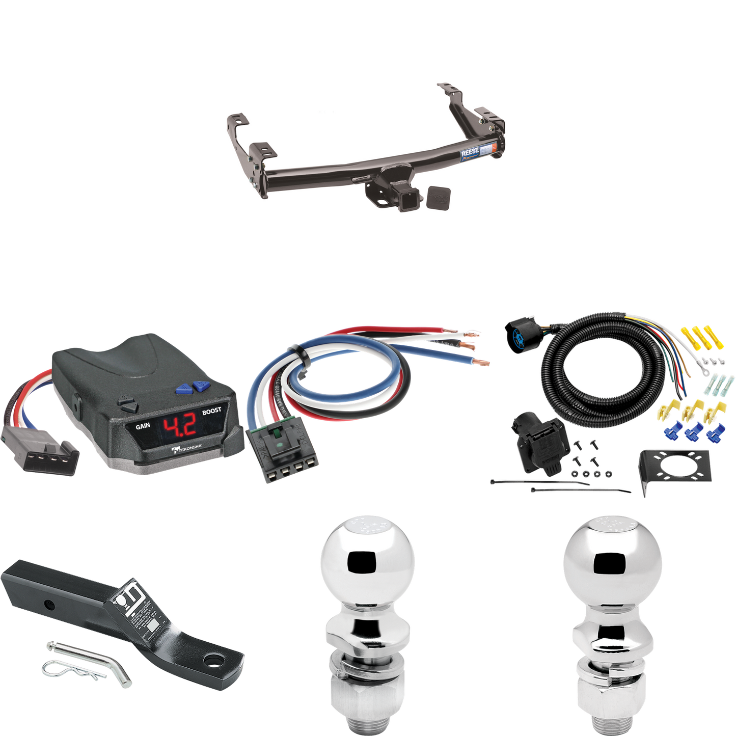 Fits 1992-2000 GMC C2500 Trailer Hitch Tow PKG w/ Tekonsha BRAKE-EVN Brake Control + Generic BC Wiring Adapter + 7-Way RV Wiring + 2" & 2-5/16" Ball & Drop Mount (For 4 Dr. Crew Cab w/8 ft. Bed Models) By Reese Towpower