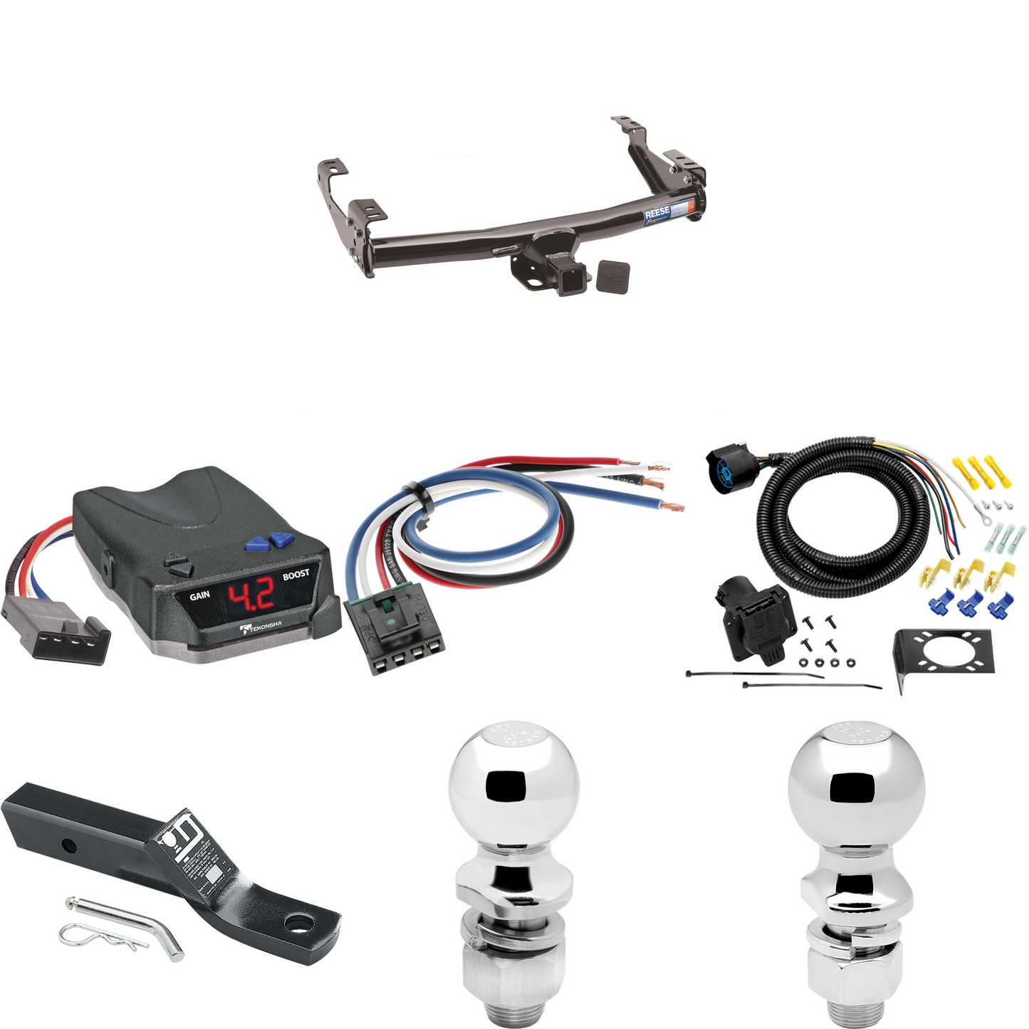 Fits 1992-2000 Chevrolet C35 Trailer Hitch Tow PKG w/ Tekonsha BRAKE-EVN Brake Control + Generic BC Wiring Adapter + 7-Way RV Wiring + 2" & 2-5/16" Ball & Drop Mount (For 4 Dr. Crew Cab w/8 ft. Bed Models) By Reese Towpower