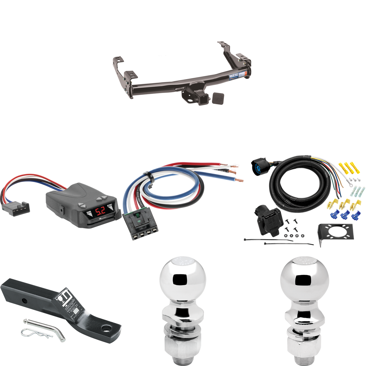 Fits 1988-2000 GMC K3500 Trailer Hitch Tow PKG w/ Tekonsha Brakeman IV Brake Control + Generic BC Wiring Adapter + 7-Way RV Wiring + 2" & 2-5/16" Ball & Drop Mount (For 2 Dr. Regular & Extended Cabs w/8 ft. Bed Models) By Reese Towpower