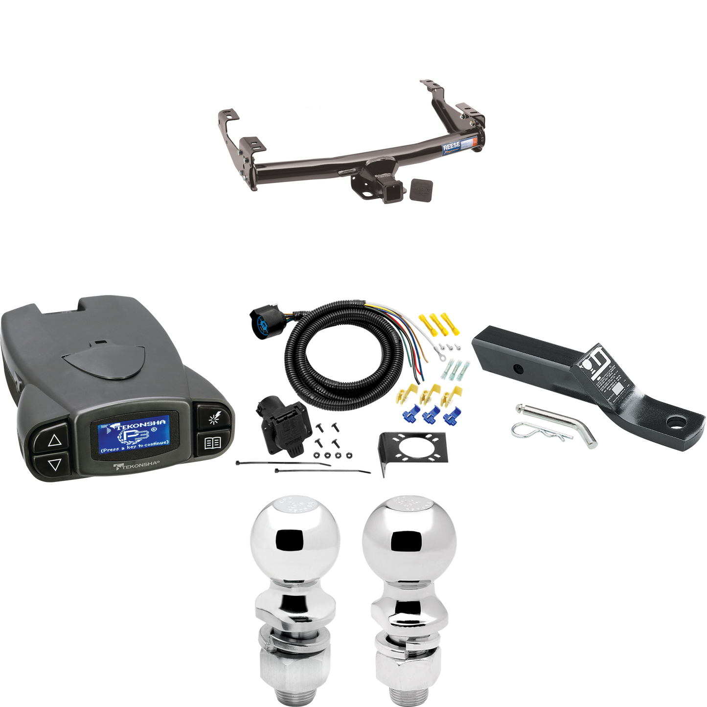 Fits 1992-1999 GMC K1500 Trailer Hitch Tow PKG w/ Tekonsha Prodigy P3 Brake Control + 7-Way RV Wiring + 2" & 2-5/16" Ball & Drop Mount (For 4 Dr. Crew Cab w/8 ft. Bed Models) By Reese Towpower