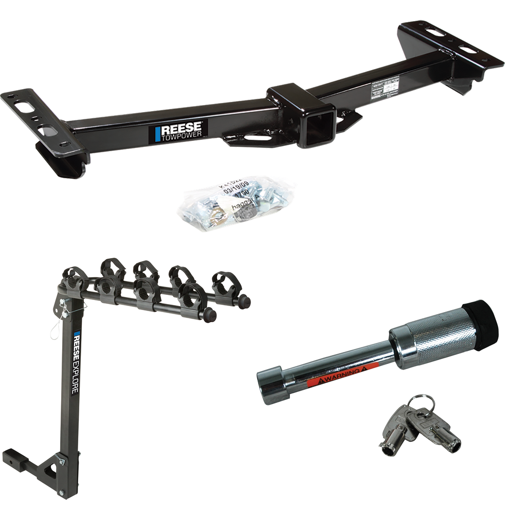 Fits 1988-1999 GMC K1500 Trailer Hitch Tow PKG w/ 4 Bike Carrier Rack + Hitch Lock (For w/Aftermarket Roll Pan Models) By Reese Towpower