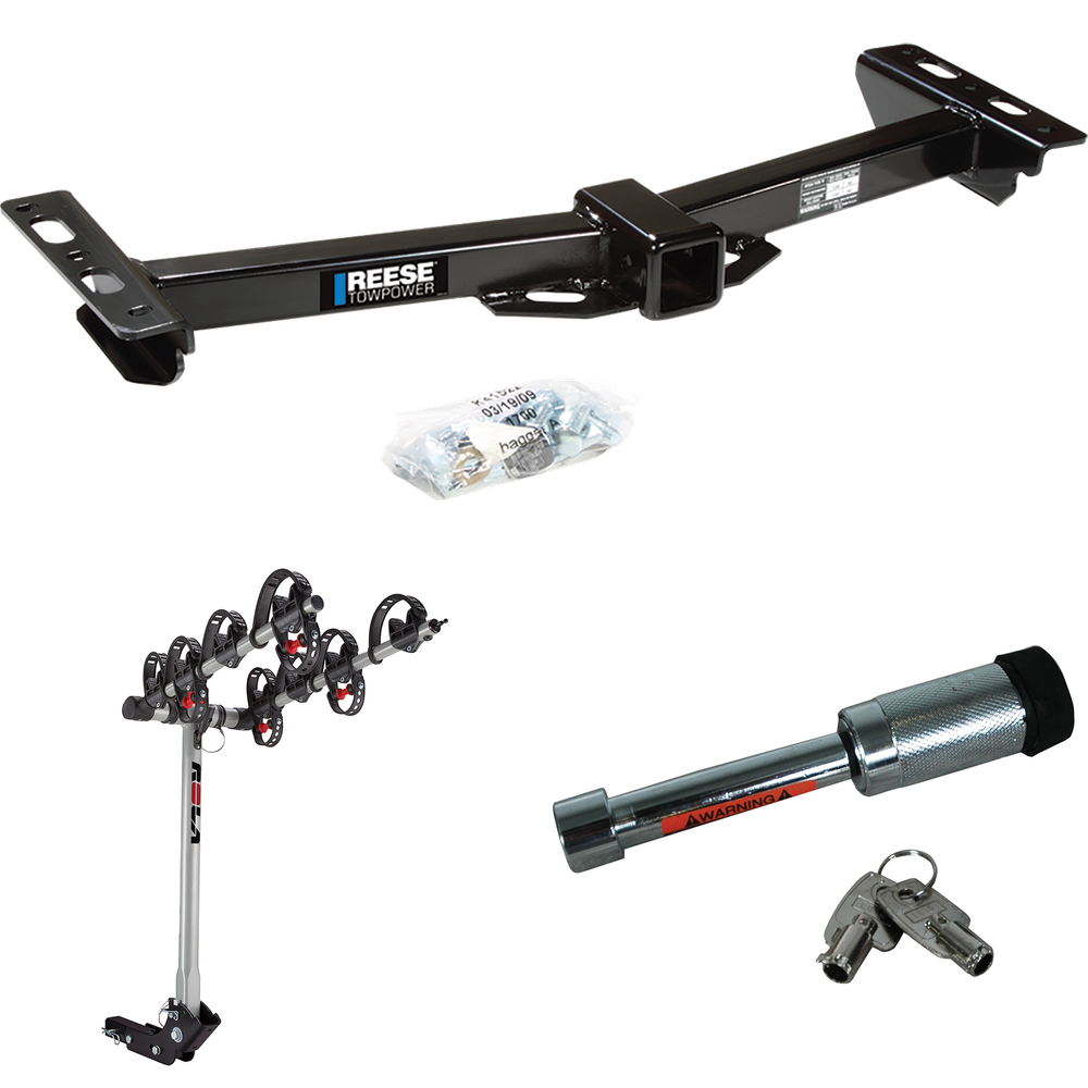 Fits 1988-1999 GMC C1500 Trailer Hitch Tow PKG w/ 4 Bike Carrier Rack + Hitch Lock (For w/Aftermarket Roll Pan Models) By Reese Towpower