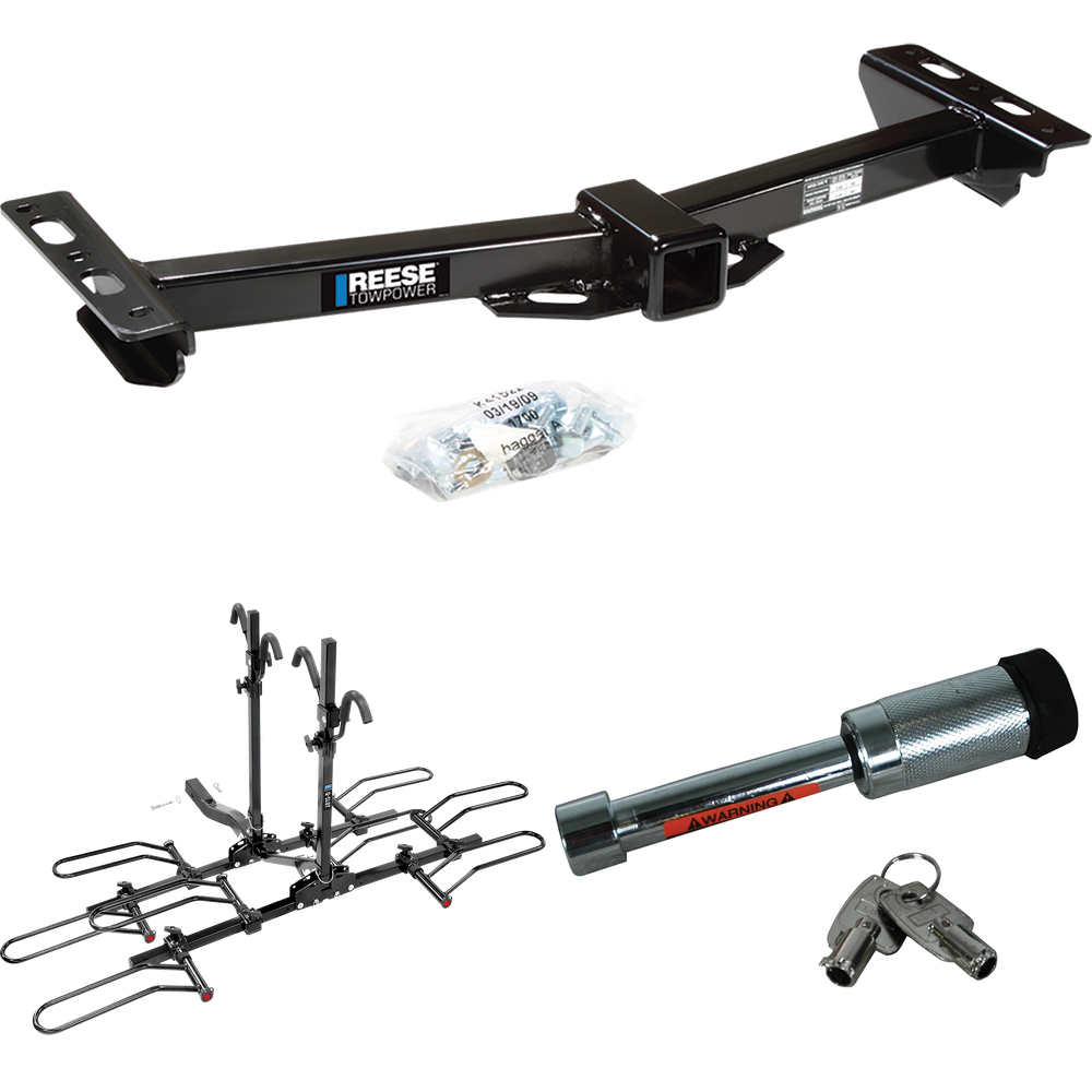 Fits 1988-2000 GMC K2500 Trailer Hitch Tow PKG w/ 4 Bike Plaform Style Carrier Rack + Hitch Lock (For w/Aftermarket Roll Pan Models) By Reese Towpower