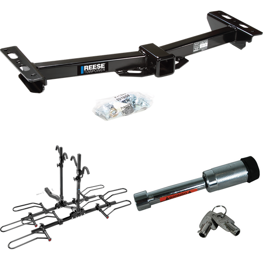 Fits 1988-2000 GMC K2500 Trailer Hitch Tow PKG w/ 4 Bike Plaform Style Carrier Rack + Hitch Lock (For w/Aftermarket Roll Pan Models) By Reese Towpower