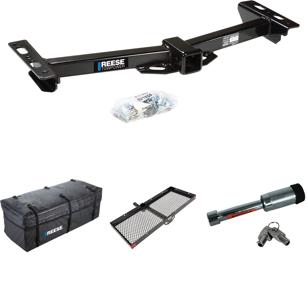 Fits 1988-1999 Chevrolet K2500 Trailer Hitch Tow PKG w/ 48" x 20" Cargo Carrier + Cargo Bag + Hitch Lock (For w/Aftermarket Roll Pan Models) By Reese Towpower