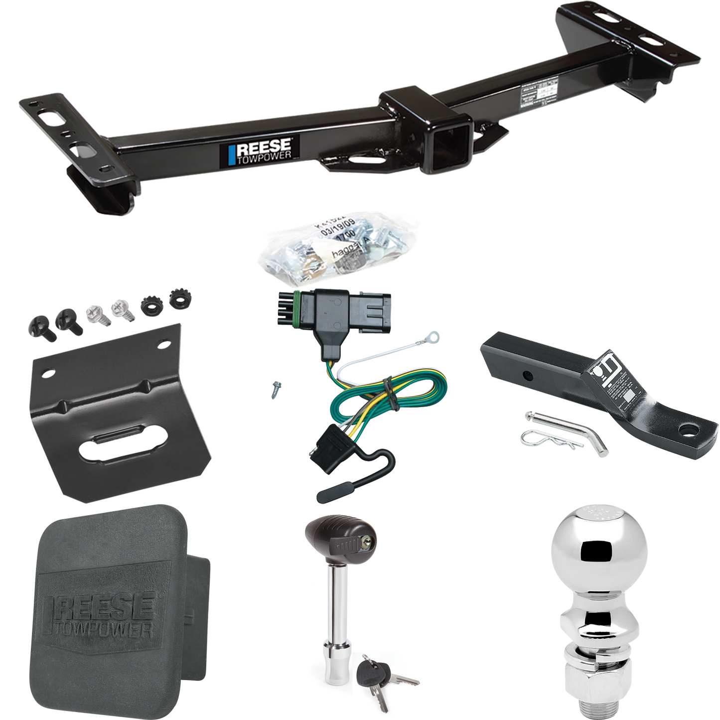 Fits 1988-2000 Chevrolet K3500 Trailer Hitch Tow PKG w/ 4-Flat Wiring + Ball Mount w/ 2" Drop + 2-5/16" Ball + Wiring Bracket + Hitch Lock + Hitch Cover (For w/Aftermarket Roll Pan Models) By Reese Towpower