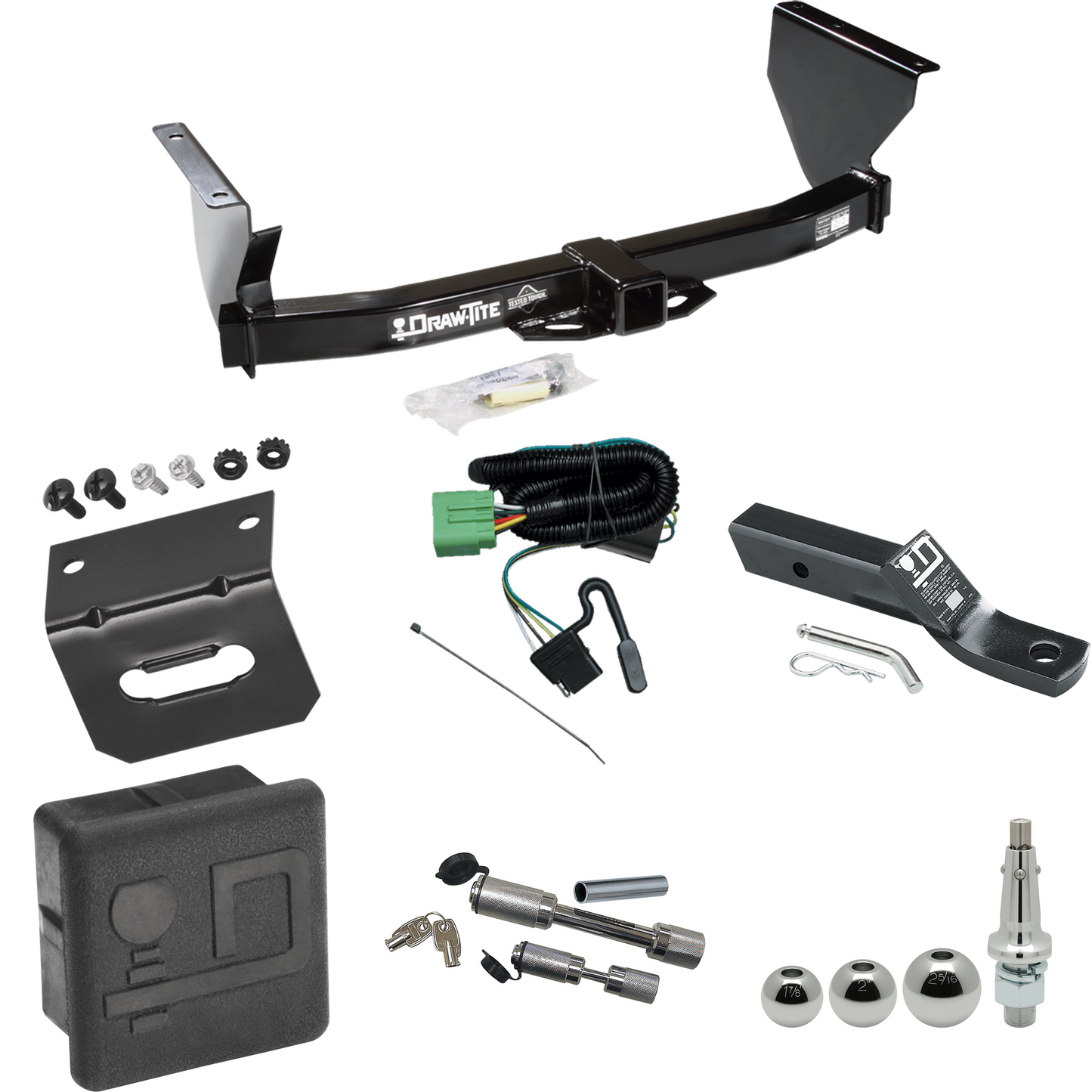 Fits 1999-2004 Jeep Grand Cherokee Trailer Hitch Tow PKG w/ 4-Flat Wiring + Ball Mount w/ 2" Drop + Interchangeable Ball 1-7/8" & 2" & 2-5/16" + Wiring Bracket + Dual Hitch & Coupler Locks + Hitch Cover By Draw-Tite