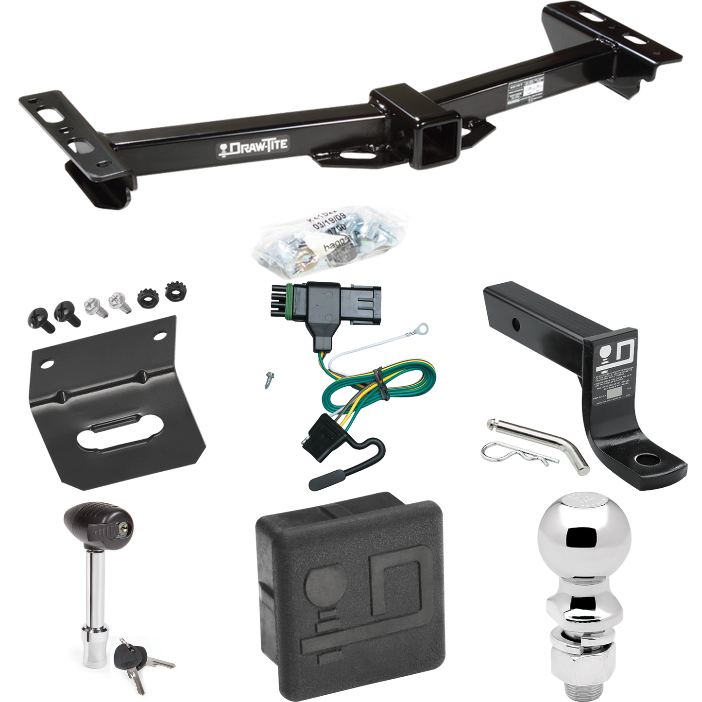 Fits 1988-2000 GMC K2500 Trailer Hitch Tow PKG w/ 4-Flat Wiring + Ball Mount w/ 4" Drop + 2-5/16" Ball + Wiring Bracket + Hitch Lock + Hitch Cover (For w/Aftermarket Roll Pan Models) By Draw-Tite