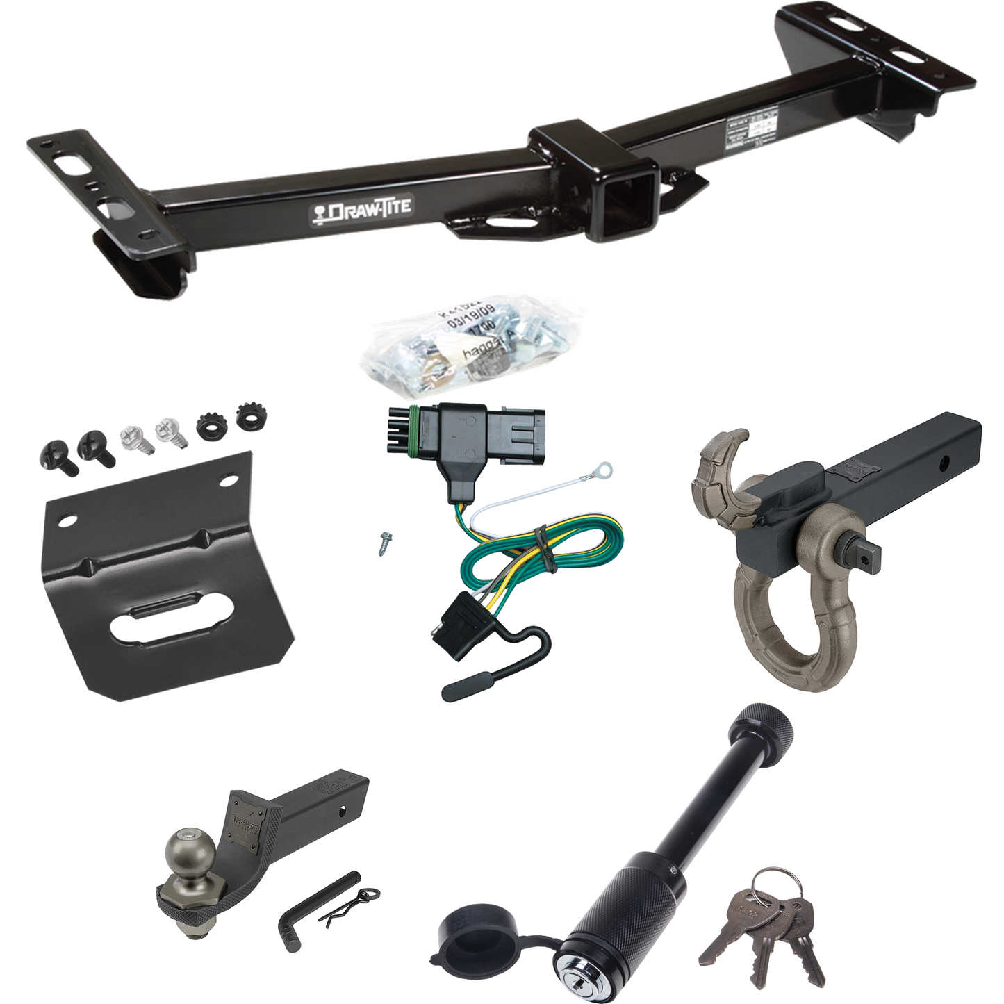 Fits 1988-2000 Chevrolet K3500 Trailer Hitch Tow PKG w/ 4-Flat Wiring + Interlock Tactical Starter Kit w/ 2" Drop & 2" Ball + Tactical Hook & Shackle Mount + Tactical Dogbone Lock + Wiring Bracket (For w/Aftermarket Roll Pan Models) By Draw-Tite