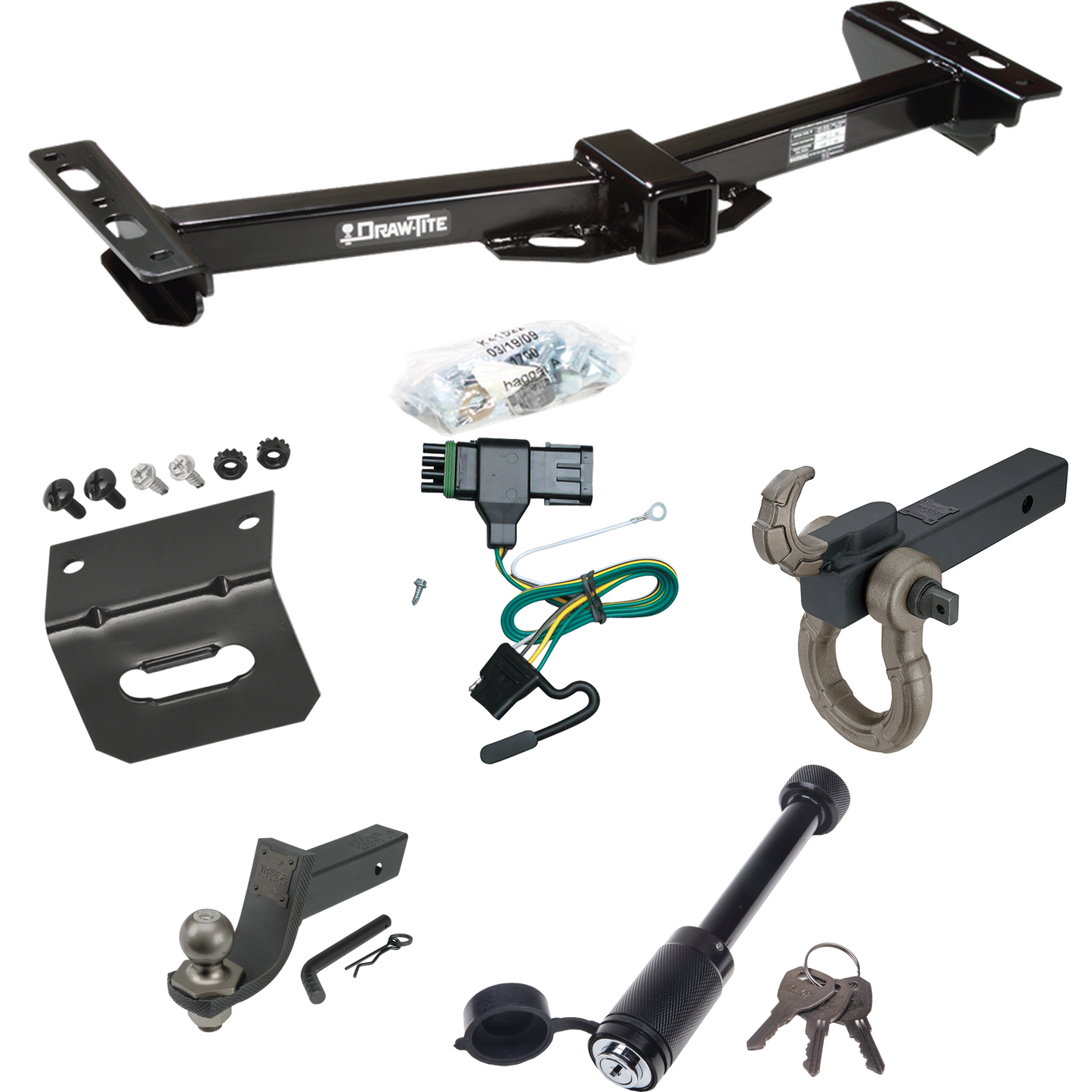 Fits 1988-2000 GMC K2500 Trailer Hitch Tow PKG w/ 4-Flat Wiring + Interlock Tactical Starter Kit w/ 3-1/4" Drop & 2" Ball + Tactical Hook & Shackle Mount + Tactical Dogbone Lock + Wiring Bracket (For w/Aftermarket Roll Pan Models) By Draw-Tite