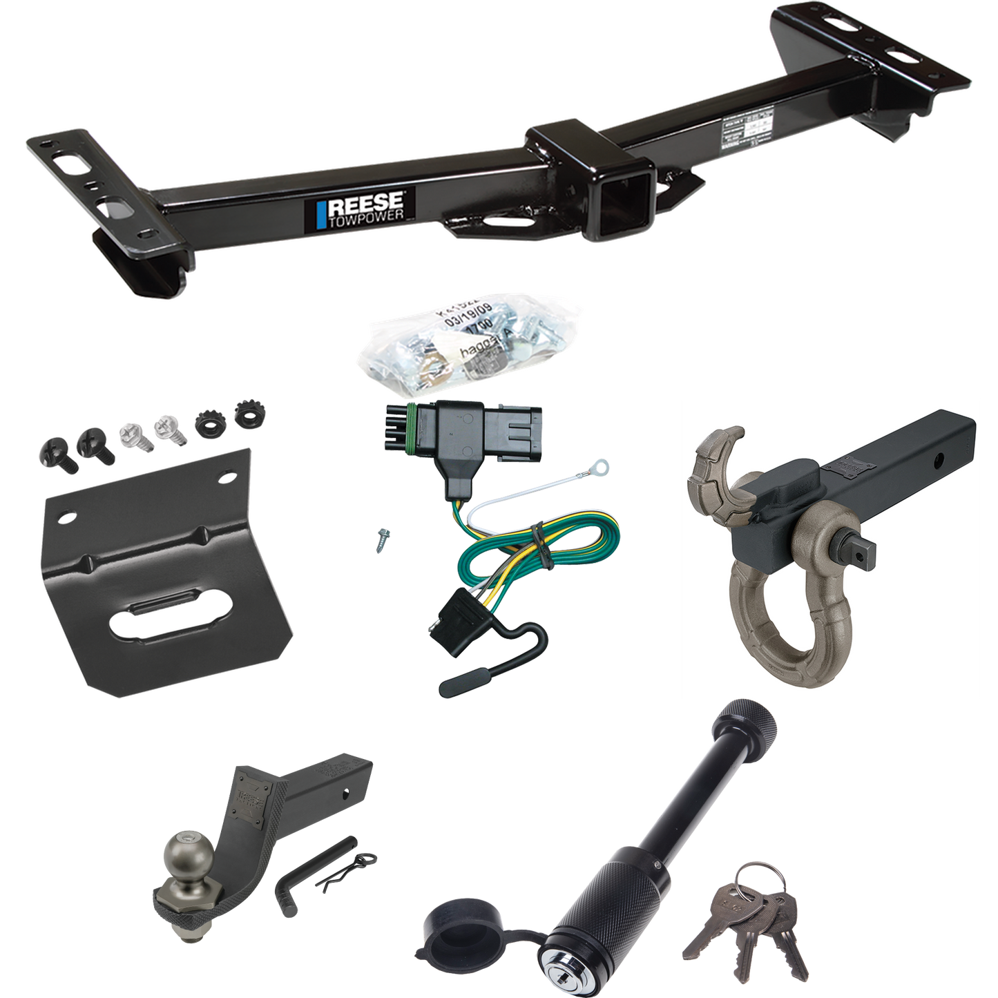 Fits 1988-1999 Chevrolet K1500 Trailer Hitch Tow PKG w/ 4-Flat Wiring + Interlock Tactical Starter Kit w/ 3-1/4" Drop & 2" Ball + Tactical Hook & Shackle Mount + Tactical Dogbone Lock + Wiring Bracket (For w/Aftermarket Roll Pan Models) By Reese Towp