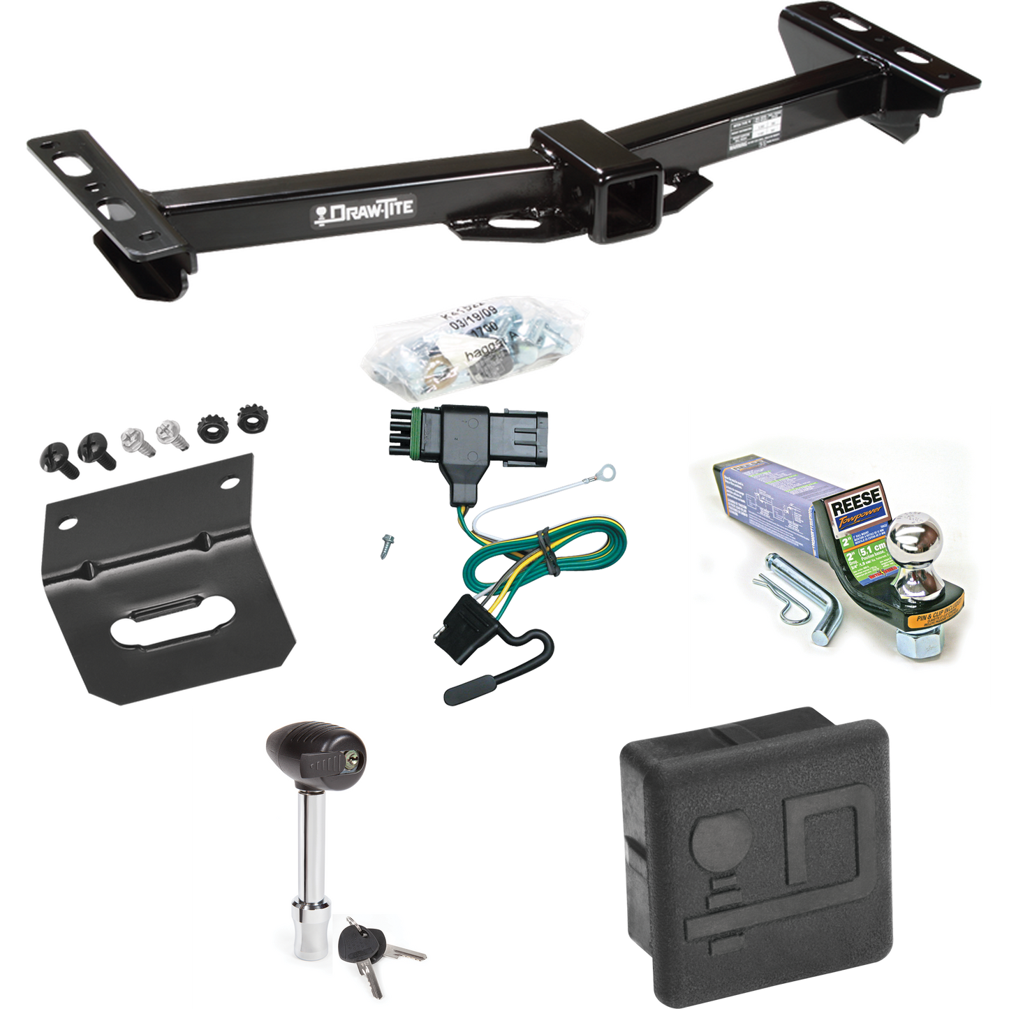 Fits 1988-2000 GMC C3500 Trailer Hitch Tow PKG w/ 4-Flat Wiring + Starter Kit Ball Mount w/ 2" Drop & 1-7/8" Ball + Wiring Bracket + Hitch Lock + Hitch Cover (For w/Aftermarket Roll Pan Models) By Draw-Tite