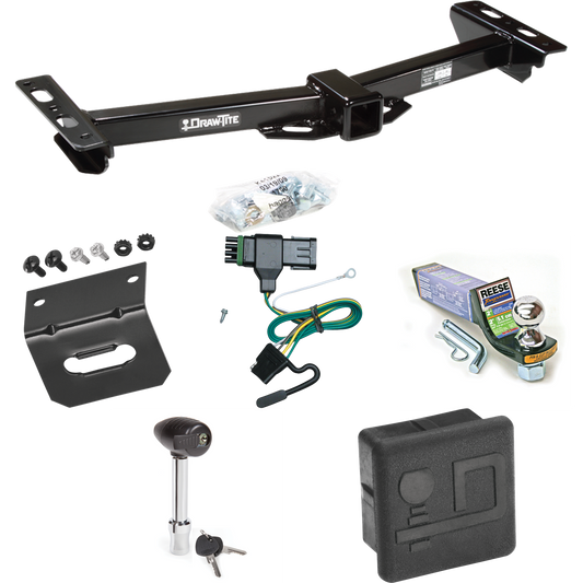 Fits 1988-2000 GMC K3500 Trailer Hitch Tow PKG w/ 4-Flat Wiring + Starter Kit Ball Mount w/ 2" Drop & 1-7/8" Ball + Wiring Bracket + Hitch Lock + Hitch Cover (For w/Aftermarket Roll Pan Models) By Draw-Tite