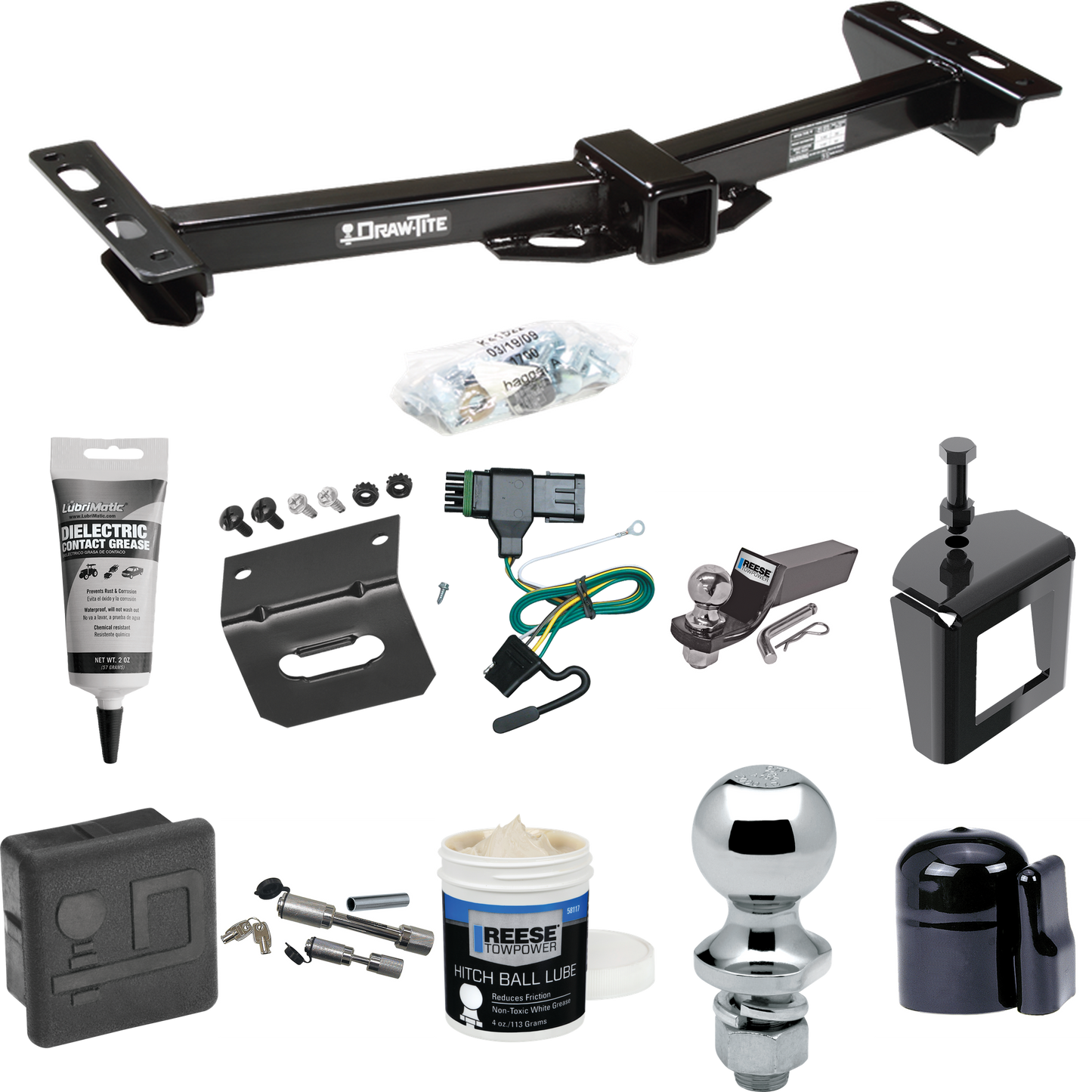 Fits 1988-2000 Chevrolet K3500 Trailer Hitch Tow PKG w/ 4-Flat Wiring + Starter Kit Ball Mount w/ 2" Drop & 2" Ball + 1-7/8" Ball + Wiring Bracket + Dual Hitch & Coupler Locks + Hitch Cover + Wiring Tester + Ball Lube +Electric Grease + Ball Wrench +