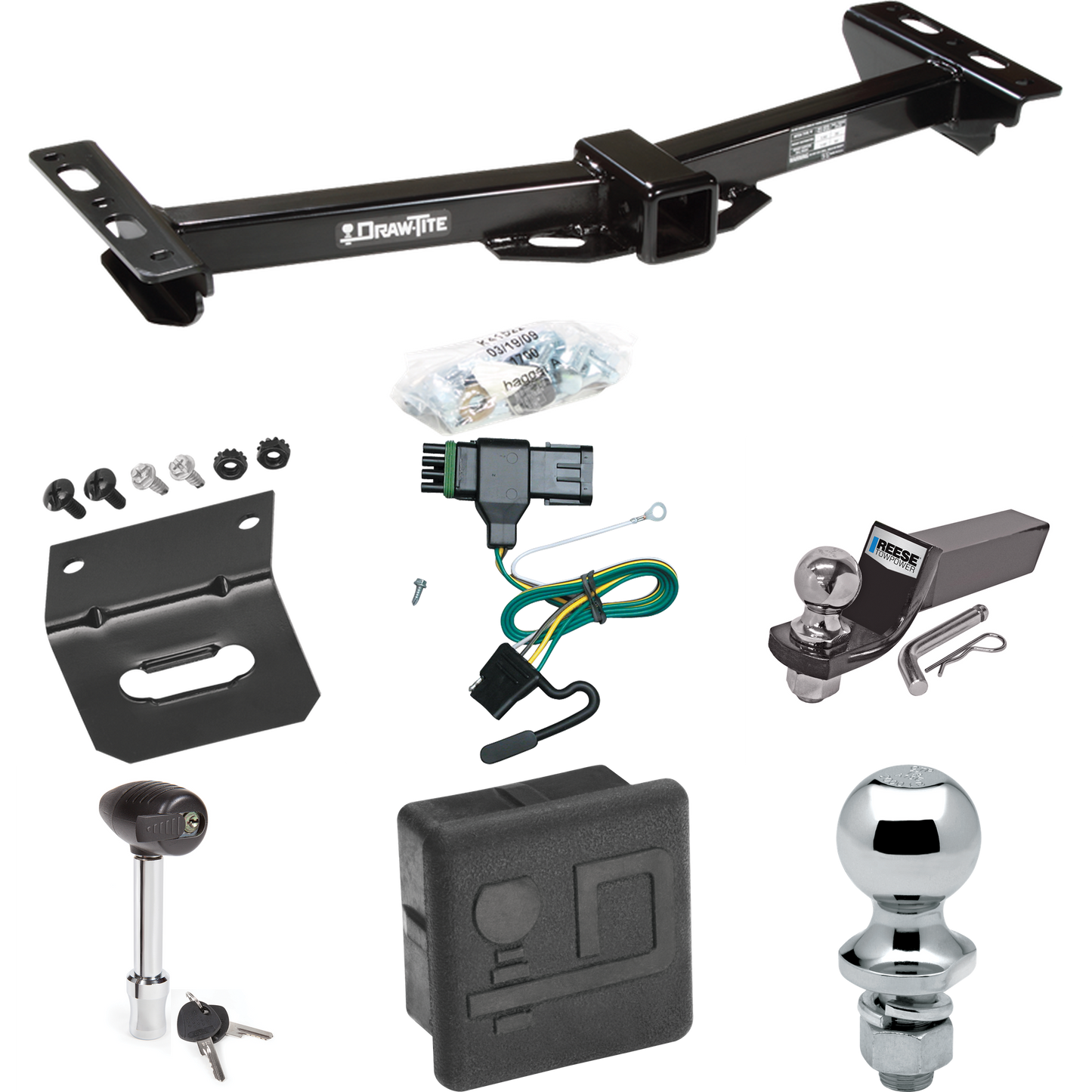 Fits 1988-1999 Chevrolet C2500 Trailer Hitch Tow PKG w/ 4-Flat Wiring + Starter Kit Ball Mount w/ 2" Drop & 2" Ball + 1-7/8" Ball + Wiring Bracket + Hitch Lock + Hitch Cover (For w/Aftermarket Roll Pan Models) By Draw-Tite