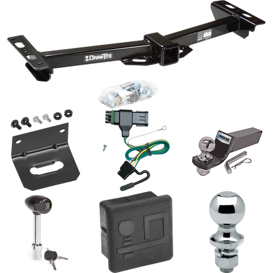 Fits 1988-1999 Chevrolet C2500 Trailer Hitch Tow PKG w/ 4-Flat Wiring + Starter Kit Ball Mount w/ 2" Drop & 2" Ball + 1-7/8" Ball + Wiring Bracket + Hitch Lock + Hitch Cover (For w/Aftermarket Roll Pan Models) By Draw-Tite