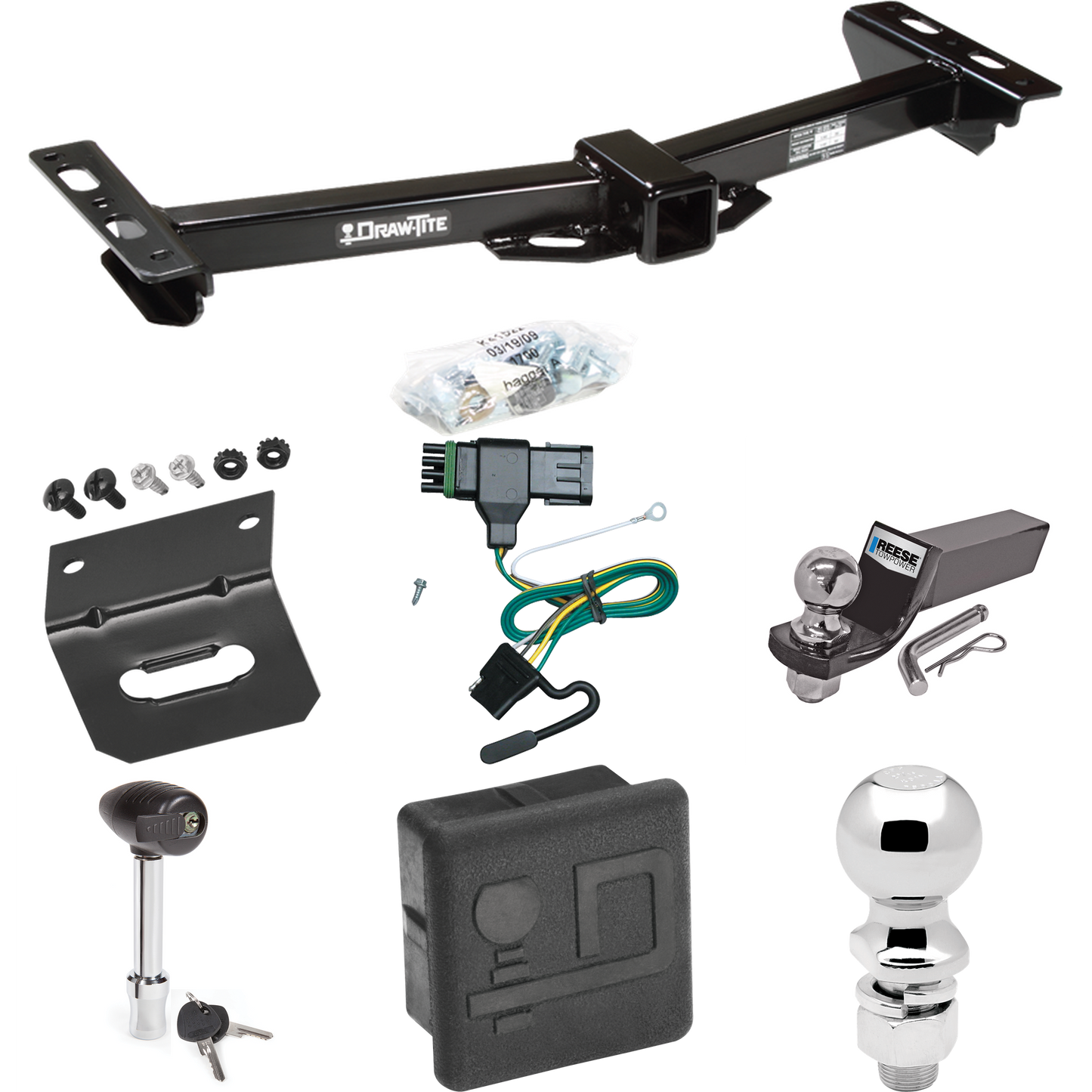 Fits 1988-2000 GMC C2500 Trailer Hitch Tow PKG w/ 4-Flat Wiring + Starter Kit Ball Mount w/ 2" Drop & 2" Ball + 2-5/16" Ball + Wiring Bracket + Hitch Lock + Hitch Cover (For w/Aftermarket Roll Pan Models) By Draw-Tite