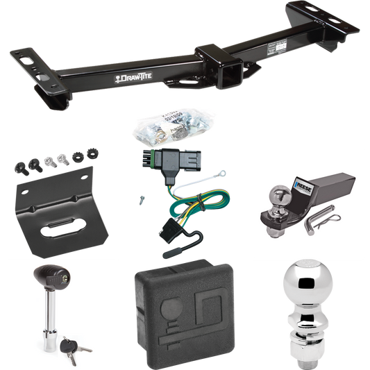 Fits 1988-2000 GMC C2500 Trailer Hitch Tow PKG w/ 4-Flat Wiring + Starter Kit Ball Mount w/ 2" Drop & 2" Ball + 2-5/16" Ball + Wiring Bracket + Hitch Lock + Hitch Cover (For w/Aftermarket Roll Pan Models) By Draw-Tite