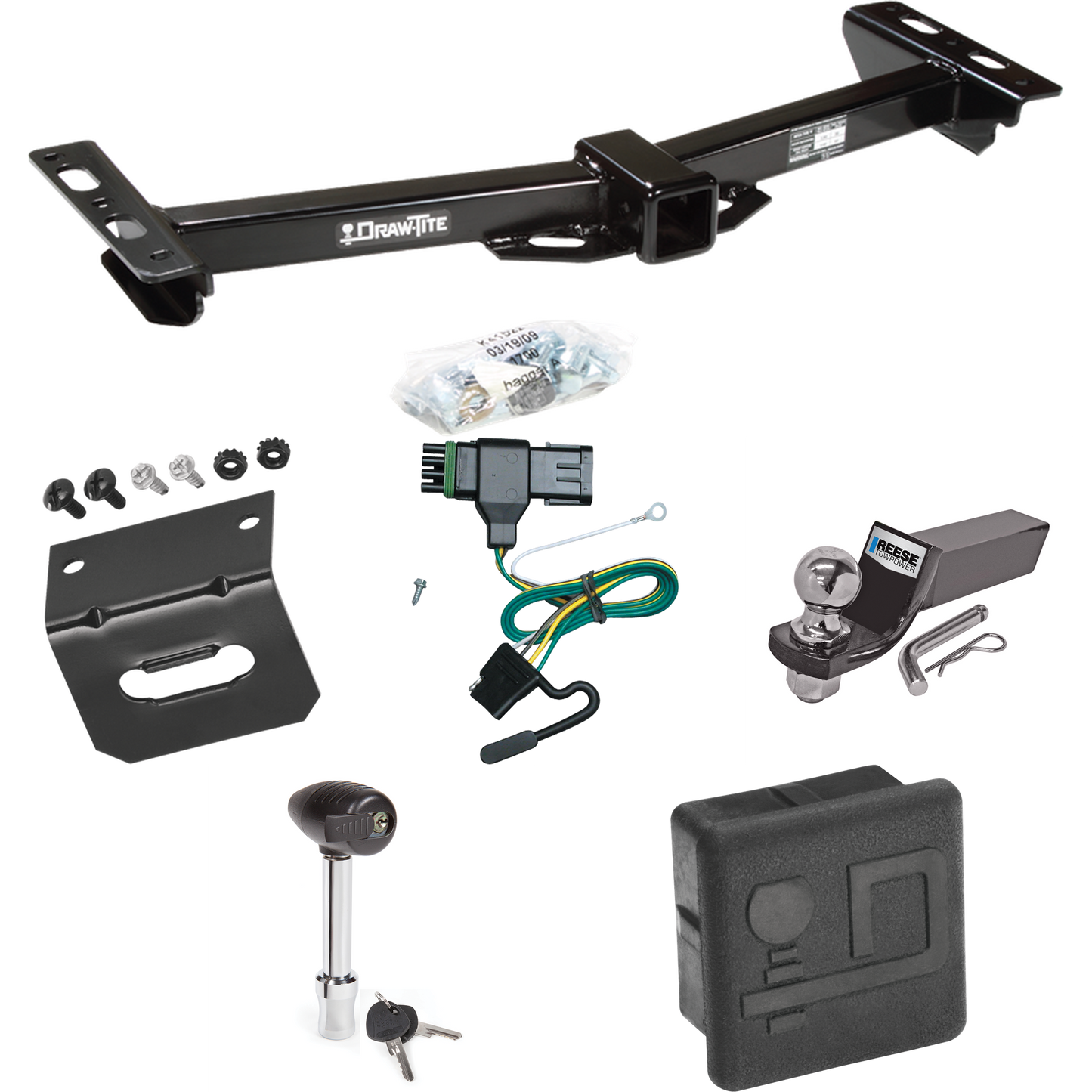 Fits 1988-1999 Chevrolet C2500 Trailer Hitch Tow PKG w/ 4-Flat Wiring + Starter Kit Ball Mount w/ 2" Drop & 2" Ball + Wiring Bracket + Hitch Lock + Hitch Cover (For w/Aftermarket Roll Pan Models) By Draw-Tite