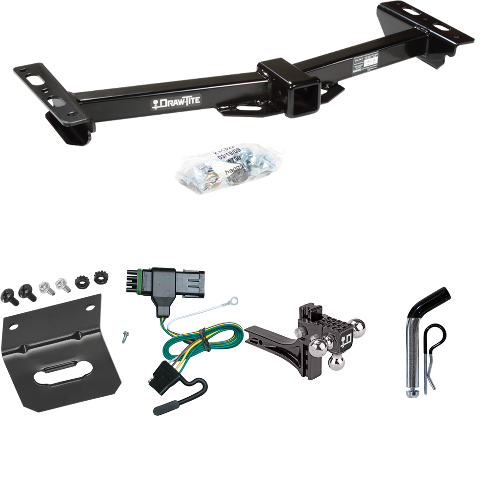 Fits 1988-1999 GMC K1500 Trailer Hitch Tow PKG w/ 4-Flat Wiring Harness + Adjustable Drop Rise Triple Ball Ball Mount 1-7/8" & 2" & 2-5/16" Trailer Balls + Pin/Clip + Wiring Bracket (For w/Aftermarket Roll Pan Models) By Draw-Tite