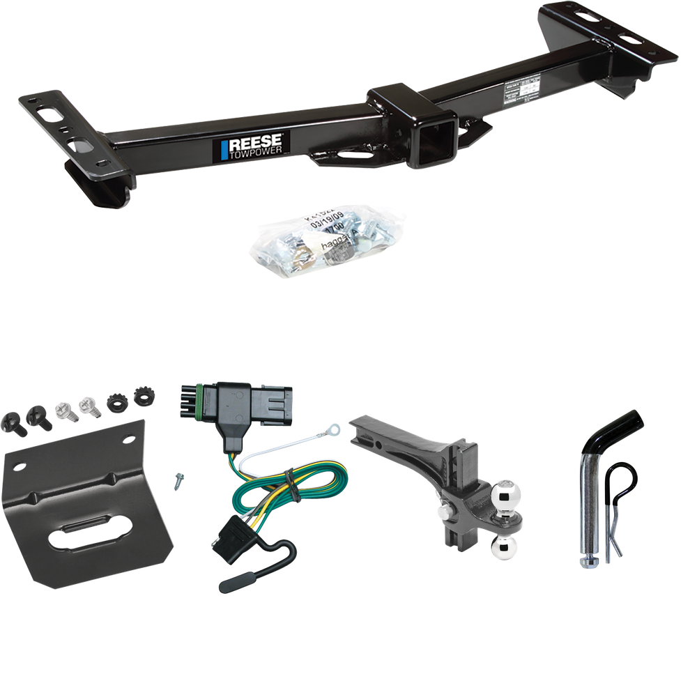 Fits 1988-1999 GMC K1500 Trailer Hitch Tow PKG w/ 4-Flat Wiring Harness + Dual Adjustable Drop Rise Ball Ball Mount 2" & 2-5/16" Trailer Balls + Pin/Clip + Wiring Bracket (For w/Aftermarket Roll Pan Models) By Reese Towpower