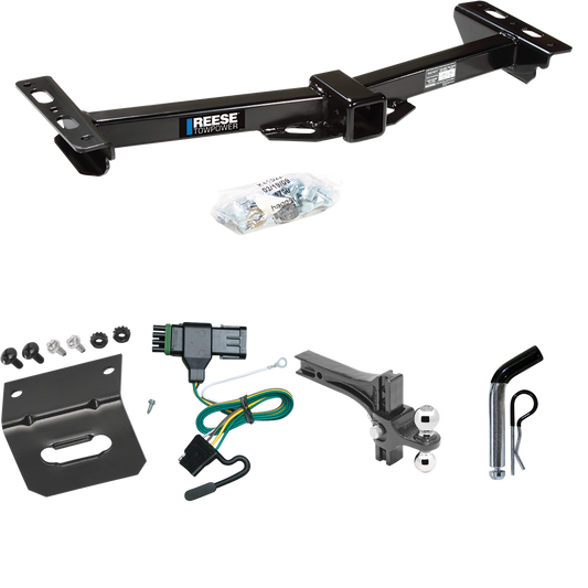 Fits 1988-1999 GMC K1500 Trailer Hitch Tow PKG w/ 4-Flat Wiring Harness + Dual Adjustable Drop Rise Ball Ball Mount 2" & 2-5/16" Trailer Balls + Pin/Clip + Wiring Bracket (For w/Aftermarket Roll Pan Models) By Reese Towpower