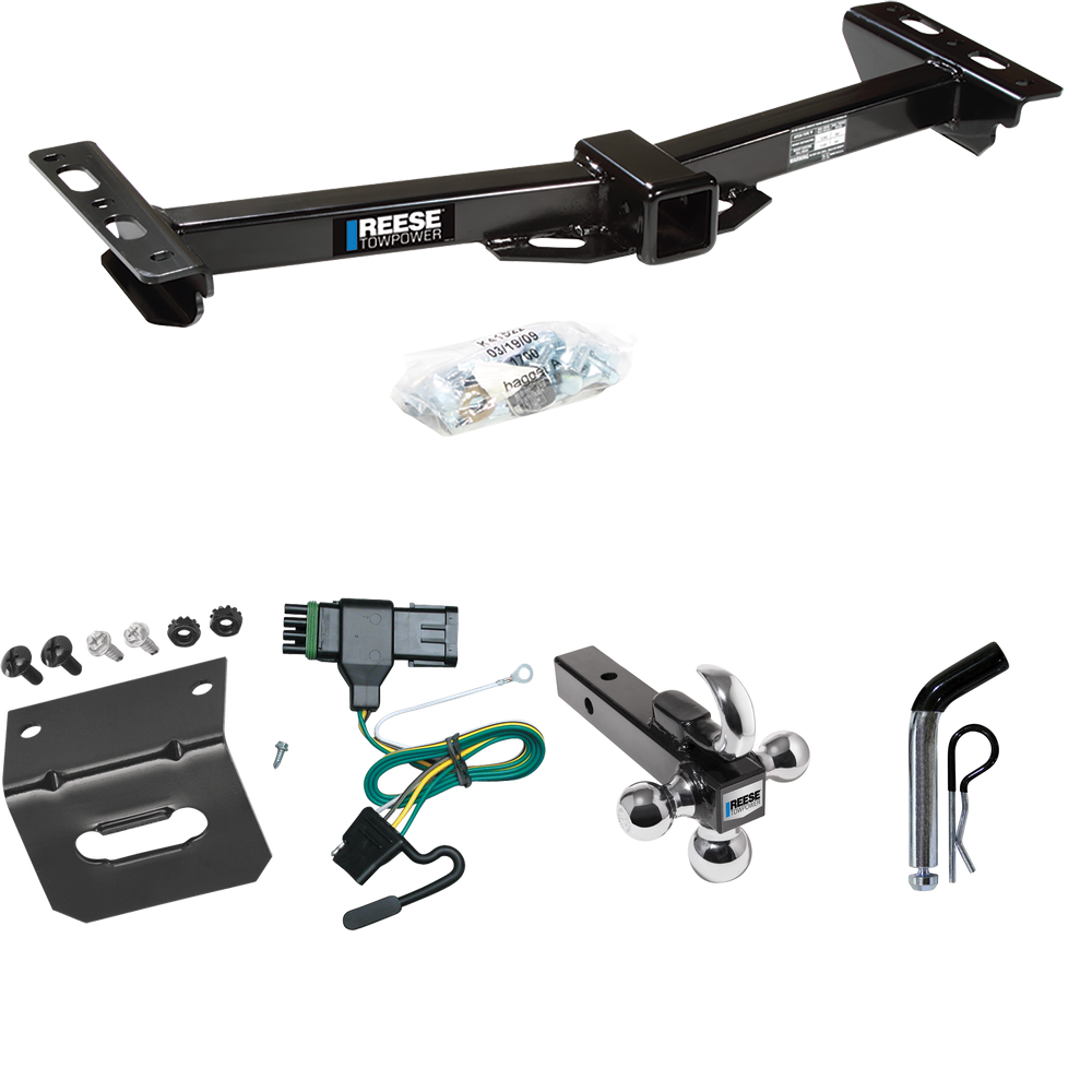 Fits 1988-2000 Chevrolet K3500 Trailer Hitch Tow PKG w/ 4-Flat Wiring Harness + Triple Ball Ball Mount 1-7/8" & 2" & 2-5/16" Trailer Balls w/ Tow Hook + Pin/Clip + Wiring Bracket (For w/Aftermarket Roll Pan Models) By Reese Towpower