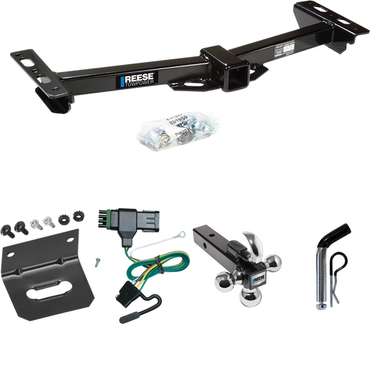 Fits 1988-2000 Chevrolet K3500 Trailer Hitch Tow PKG w/ 4-Flat Wiring Harness + Triple Ball Ball Mount 1-7/8" & 2" & 2-5/16" Trailer Balls w/ Tow Hook + Pin/Clip + Wiring Bracket (For w/Aftermarket Roll Pan Models) By Reese Towpower