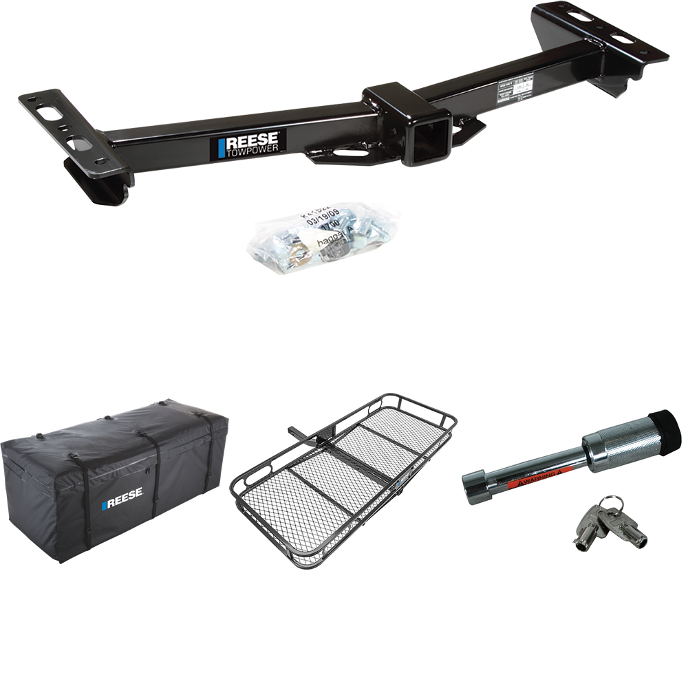 Fits 1988-1999 Chevrolet K1500 Trailer Hitch Tow PKG w/ 60" x 24" Cargo Carrier + Cargo Bag + Hitch Lock (For w/Aftermarket Roll Pan Models) By Reese Towpower