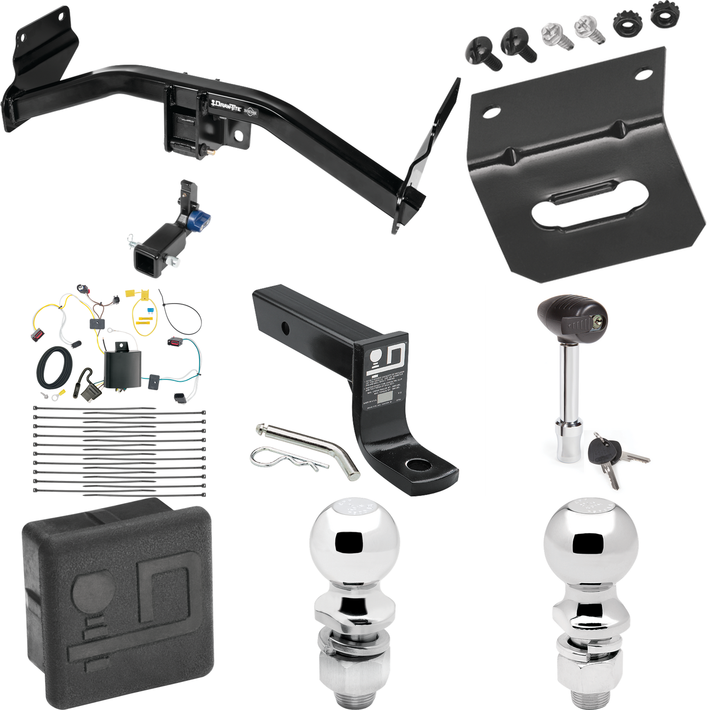 Fits 2014-2021 Jeep Grand Cherokee Trailer Hitch Tow PKG w/ 4-Flat Wiring + Ball Mount w/ 4" Drop + 2" Ball + 2-5/16" Ball + Wiring Bracket + Hitch Lock + Hitch Cover By Draw-Tite