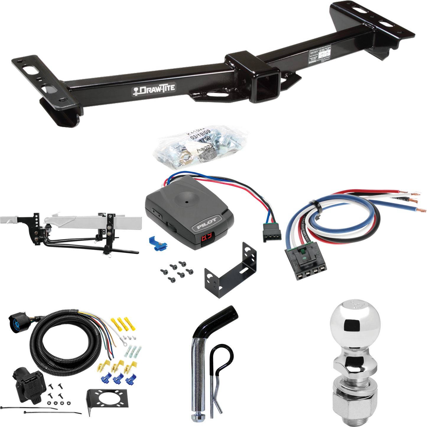 Fits 1988-1999 Chevrolet K2500 Trailer Hitch Tow PKG w/ 6K Round Bar Weight Distribution Hitch w/ 2-5/16" Ball + 2" Ball + Pin/Clip + Pro Series Pilot Brake Control + Generic BC Wiring Adapter + 7-Way RV Wiring (For w/Aftermarket Roll Pan Models) By