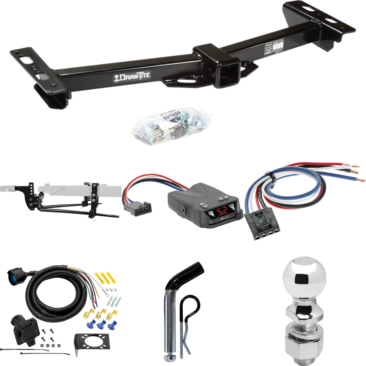 Fits 1988-2000 Chevrolet C3500 Trailer Hitch Tow PKG w/ 6K Round Bar Weight Distribution Hitch w/ 2-5/16" Ball + 2" Ball + Pin/Clip + Tekonsha Brakeman IV Brake Control + Generic BC Wiring Adapter + 7-Way RV Wiring (For w/Aftermarket Roll Pan Models)