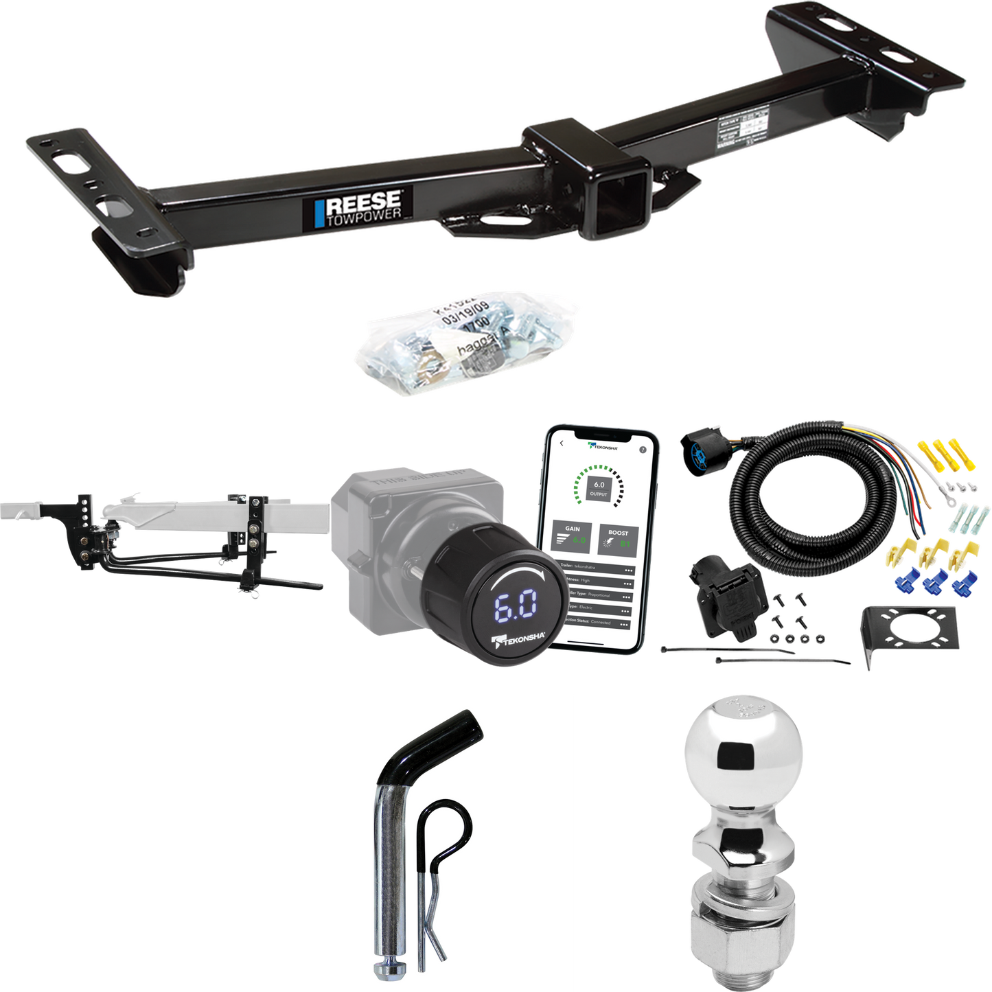 Fits 1988-2000 GMC C3500 Trailer Hitch Tow PKG w/ 6K Round Bar Weight Distribution Hitch w/ 2-5/16" Ball + 2" Ball + Pin/Clip + Tekonsha Prodigy iD Bluetooth Wireless Brake Control + 7-Way RV Wiring (For w/Aftermarket Roll Pan Models) By Reese Towpow