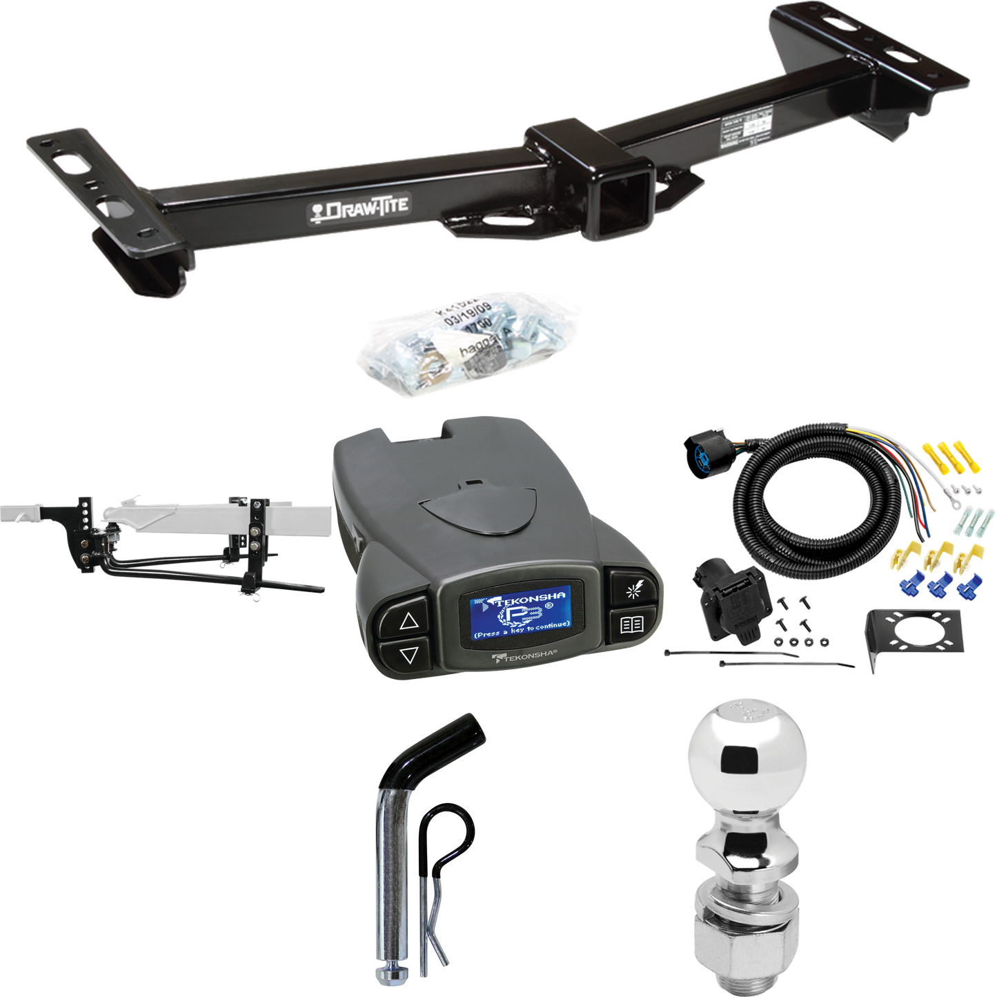 Fits 1988-1999 Chevrolet C1500 Trailer Hitch Tow PKG w/ 6K Round Bar Weight Distribution Hitch w/ 2-5/16" Ball + 2" Ball + Pin/Clip + Tekonsha Prodigy P3 Brake Control + 7-Way RV Wiring (For w/Aftermarket Roll Pan Models) By Draw-Tite