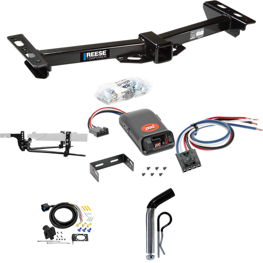 Fits 1988-1999 GMC C1500 Trailer Hitch Tow PKG w/ 6K Round Bar Weight Distribution Hitch w/ 2-5/16" Ball + Pin/Clip + Pro Series POD Brake Control + Generic BC Wiring Adapter + 7-Way RV Wiring (For w/Aftermarket Roll Pan Models) By Reese Towpower