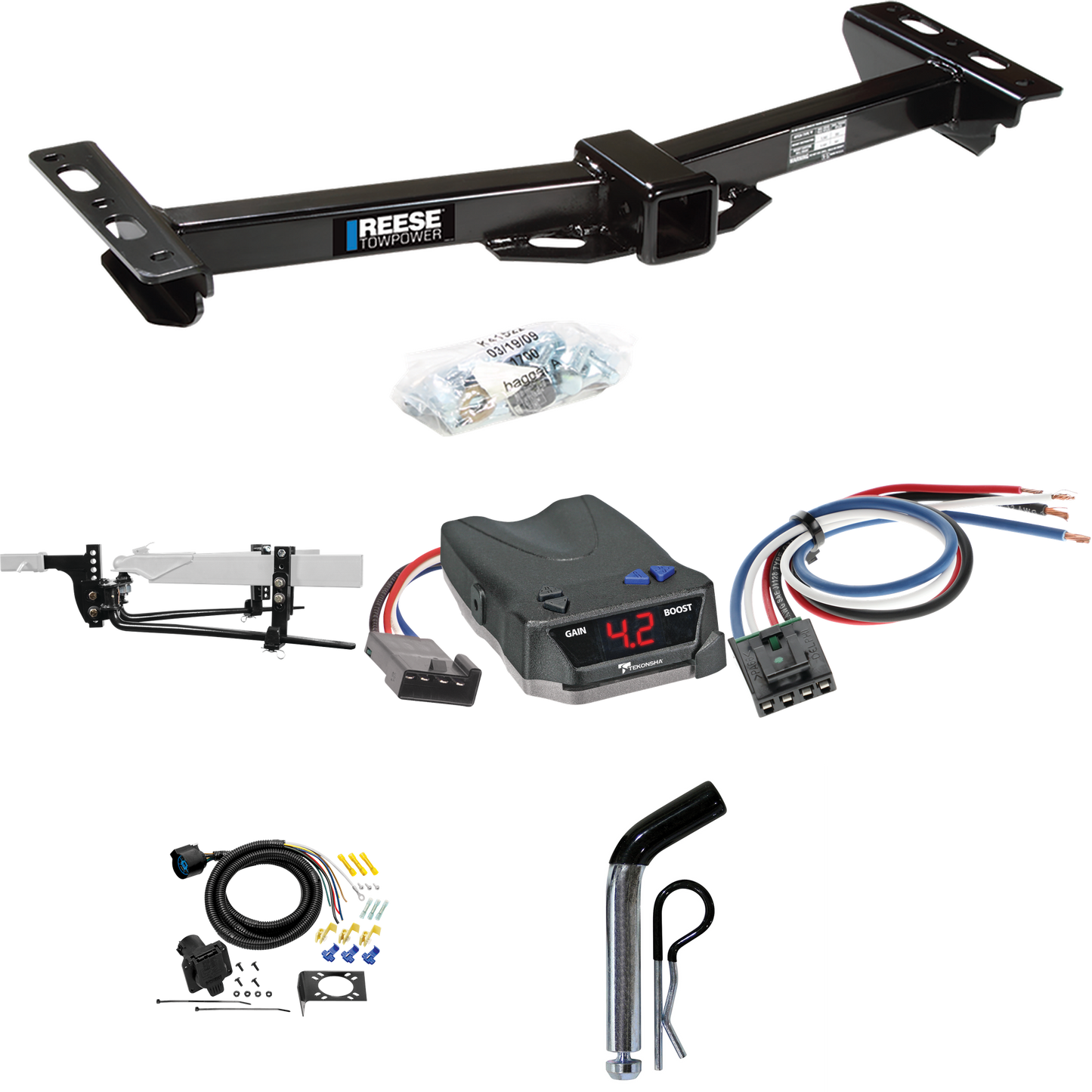 Fits 1988-1999 Chevrolet C1500 Trailer Hitch Tow PKG w/ 6K Round Bar Weight Distribution Hitch w/ 2-5/16" Ball + Pin/Clip + Tekonsha BRAKE-EVN Brake Control + Generic BC Wiring Adapter + 7-Way RV Wiring (For w/Aftermarket Roll Pan Models) By Reese To