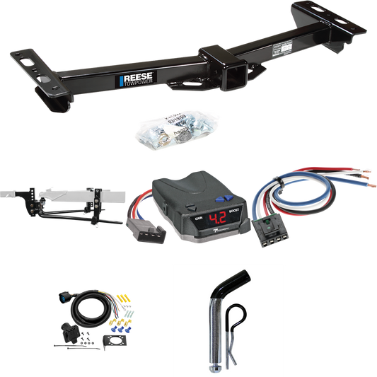 Fits 1988-1999 Chevrolet C1500 Trailer Hitch Tow PKG w/ 6K Round Bar Weight Distribution Hitch w/ 2-5/16" Ball + Pin/Clip + Tekonsha BRAKE-EVN Brake Control + Generic BC Wiring Adapter + 7-Way RV Wiring (For w/Aftermarket Roll Pan Models) By Reese To