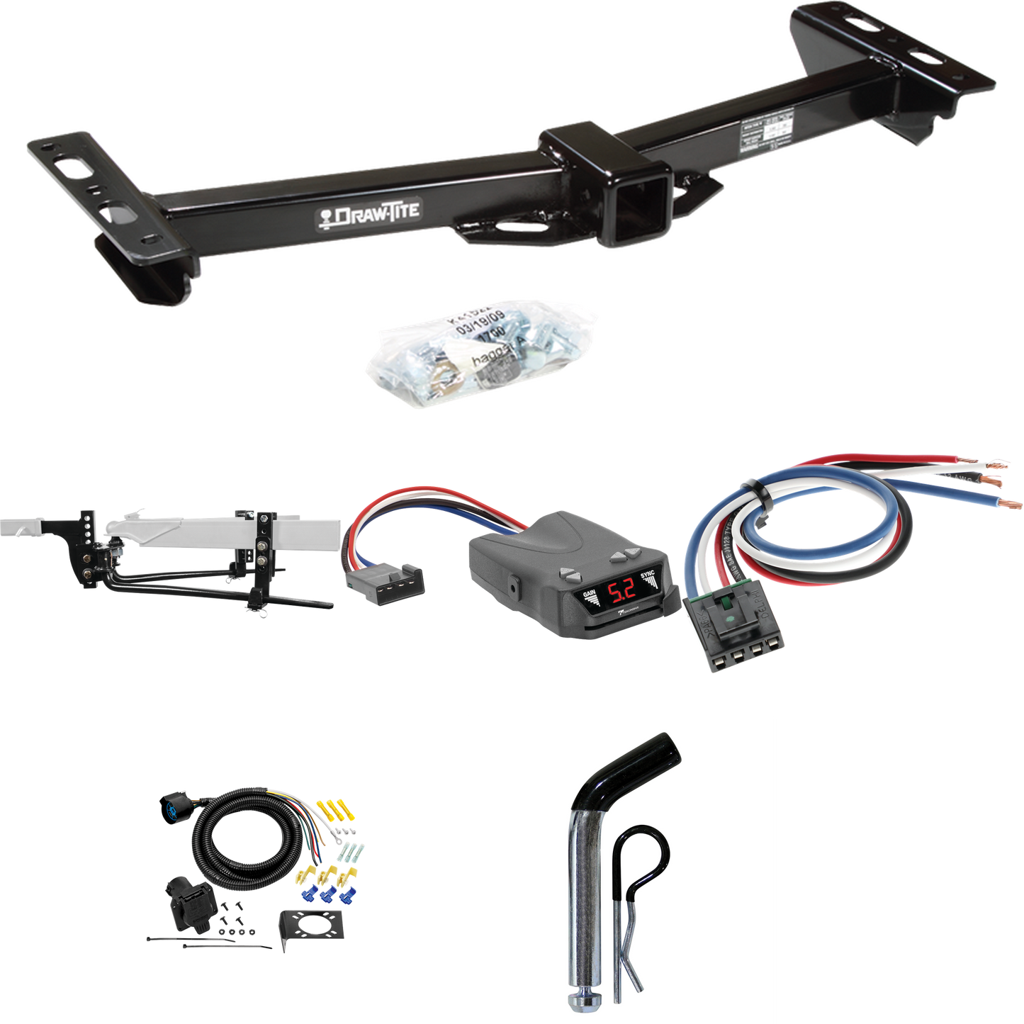 Fits 1988-1999 Chevrolet C1500 Trailer Hitch Tow PKG w/ 6K Round Bar Weight Distribution Hitch w/ 2-5/16" Ball + Pin/Clip + Tekonsha Brakeman IV Brake Control + Generic BC Wiring Adapter + 7-Way RV Wiring (For w/Aftermarket Roll Pan Models) By Draw-T