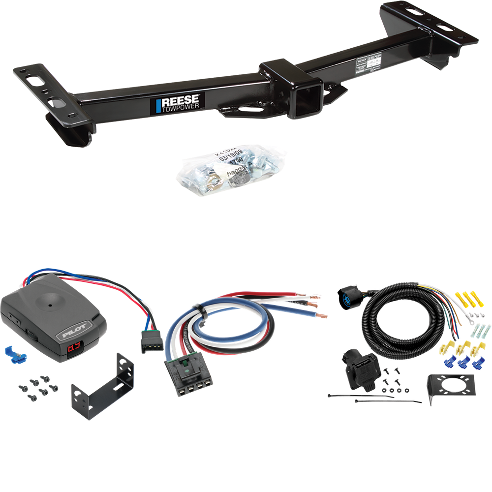 Fits 1988-1999 GMC C1500 Trailer Hitch Tow PKG w/ Pro Series Pilot Brake Control + Generic BC Wiring Adapter + 7-Way RV Wiring (For w/Aftermarket Roll Pan Models) By Reese Towpower