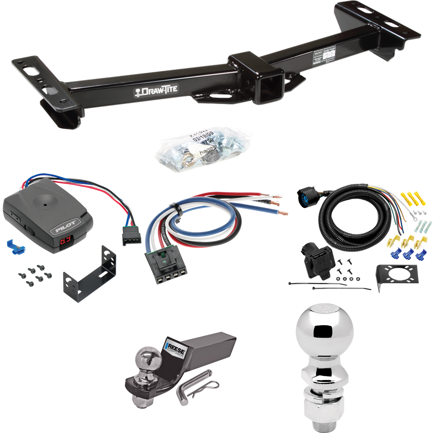 Fits 1988-2000 GMC K2500 Trailer Hitch Tow PKG w/ Pro Series Pilot Brake Control + Generic BC Wiring Adapter + 7-Way RV Wiring + 2" & 2-5/16" Ball & Drop Mount (For w/Aftermarket Roll Pan Models) By Draw-Tite