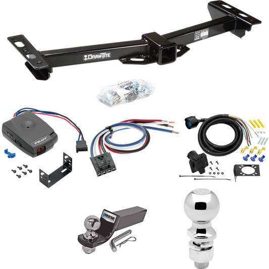 Fits 1988-2000 GMC K2500 Trailer Hitch Tow PKG w/ Pro Series Pilot Brake Control + Generic BC Wiring Adapter + 7-Way RV Wiring + 2" & 2-5/16" Ball & Drop Mount (For w/Aftermarket Roll Pan Models) By Draw-Tite