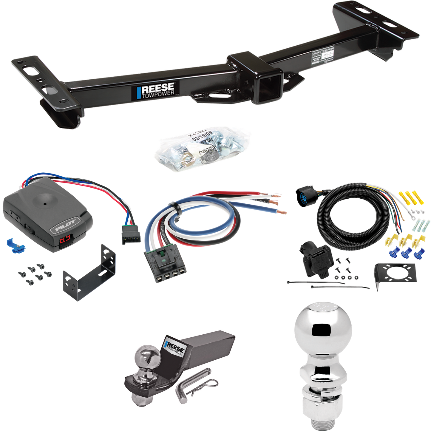 Fits 1988-1999 Chevrolet C2500 Trailer Hitch Tow PKG w/ Pro Series Pilot Brake Control + Generic BC Wiring Adapter + 7-Way RV Wiring + 2" & 2-5/16" Ball & Drop Mount (For w/Aftermarket Roll Pan Models) By Reese Towpower