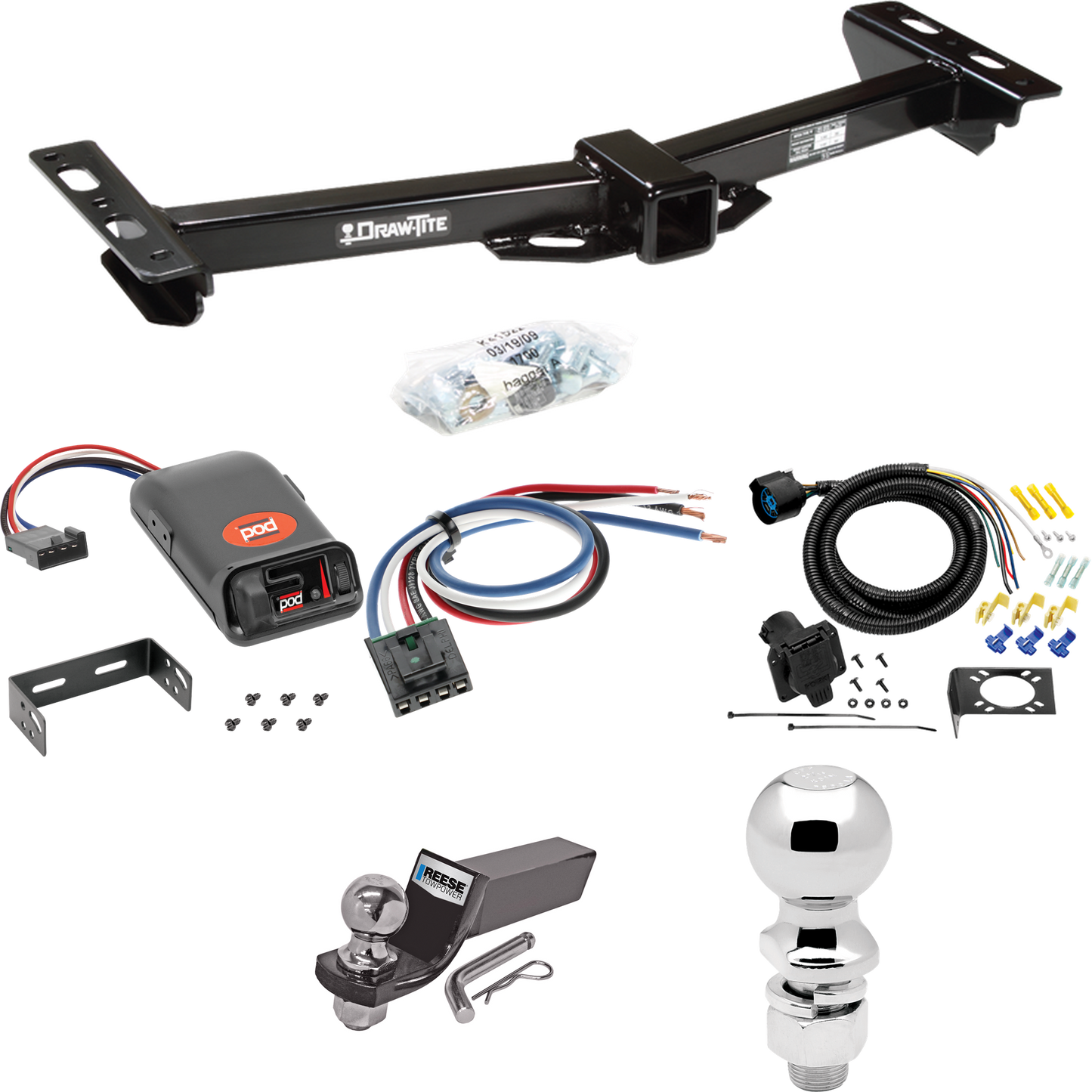 Fits 1988-2000 GMC K3500 Trailer Hitch Tow PKG w/ Pro Series POD Brake Control + Generic BC Wiring Adapter + 7-Way RV Wiring + 2" & 2-5/16" Ball & Drop Mount (For w/Aftermarket Roll Pan Models) By Draw-Tite