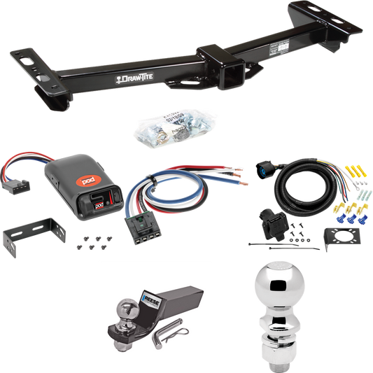 Fits 1988-2000 GMC K3500 Trailer Hitch Tow PKG w/ Pro Series POD Brake Control + Generic BC Wiring Adapter + 7-Way RV Wiring + 2" & 2-5/16" Ball & Drop Mount (For w/Aftermarket Roll Pan Models) By Draw-Tite