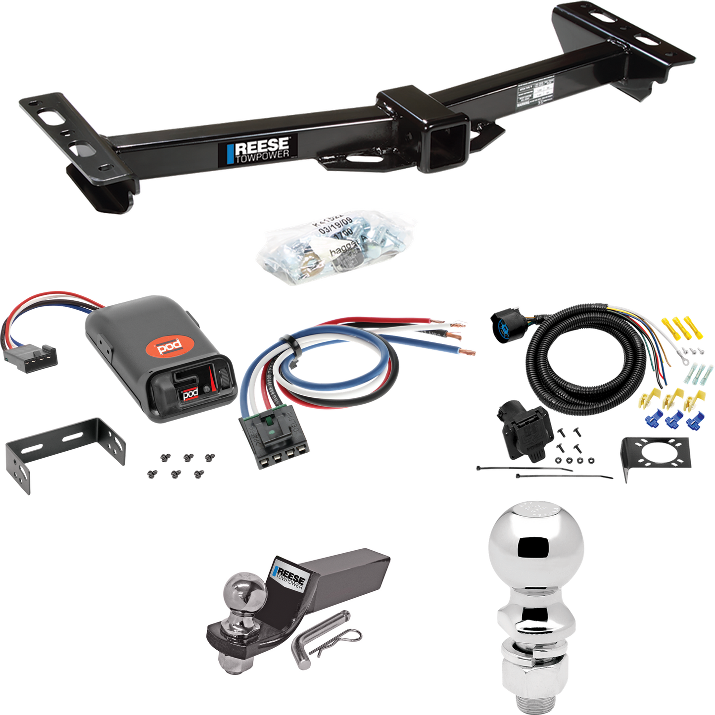 Fits 1988-2000 Chevrolet C3500 Trailer Hitch Tow PKG w/ Pro Series POD Brake Control + Generic BC Wiring Adapter + 7-Way RV Wiring + 2" & 2-5/16" Ball & Drop Mount (For w/Aftermarket Roll Pan Models) By Reese Towpower