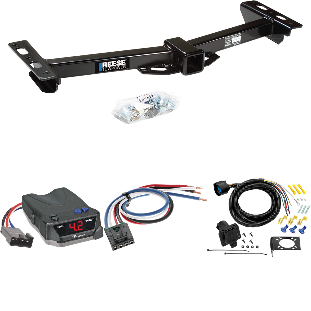 Fits 1988-1999 GMC K1500 Trailer Hitch Tow PKG w/ Tekonsha BRAKE-EVN Brake Control + Generic BC Wiring Adapter + 7-Way RV Wiring (For w/Aftermarket Roll Pan Models) By Reese Towpower